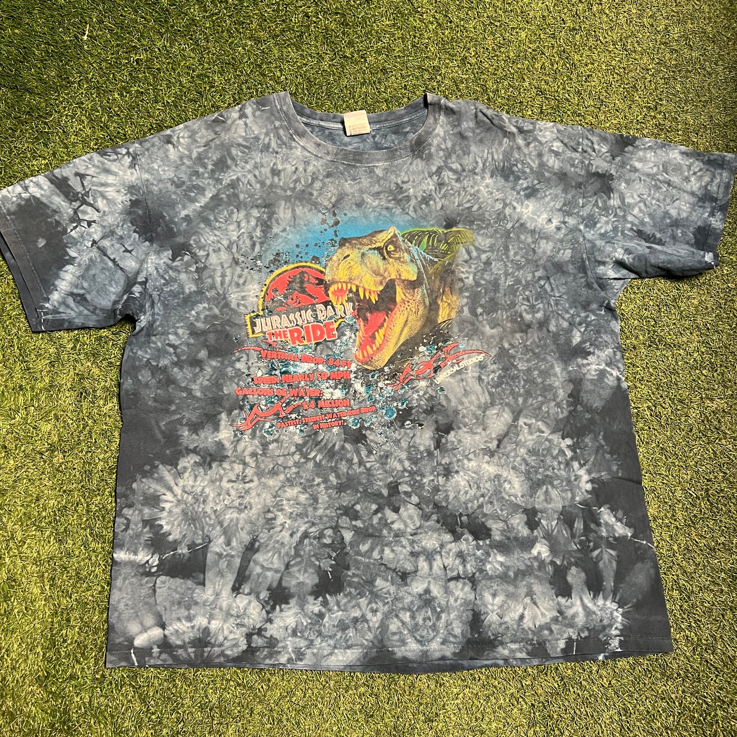Y2K Jurassic Park The Ride Blue Tie Dye Tee Size XXL USED v15050