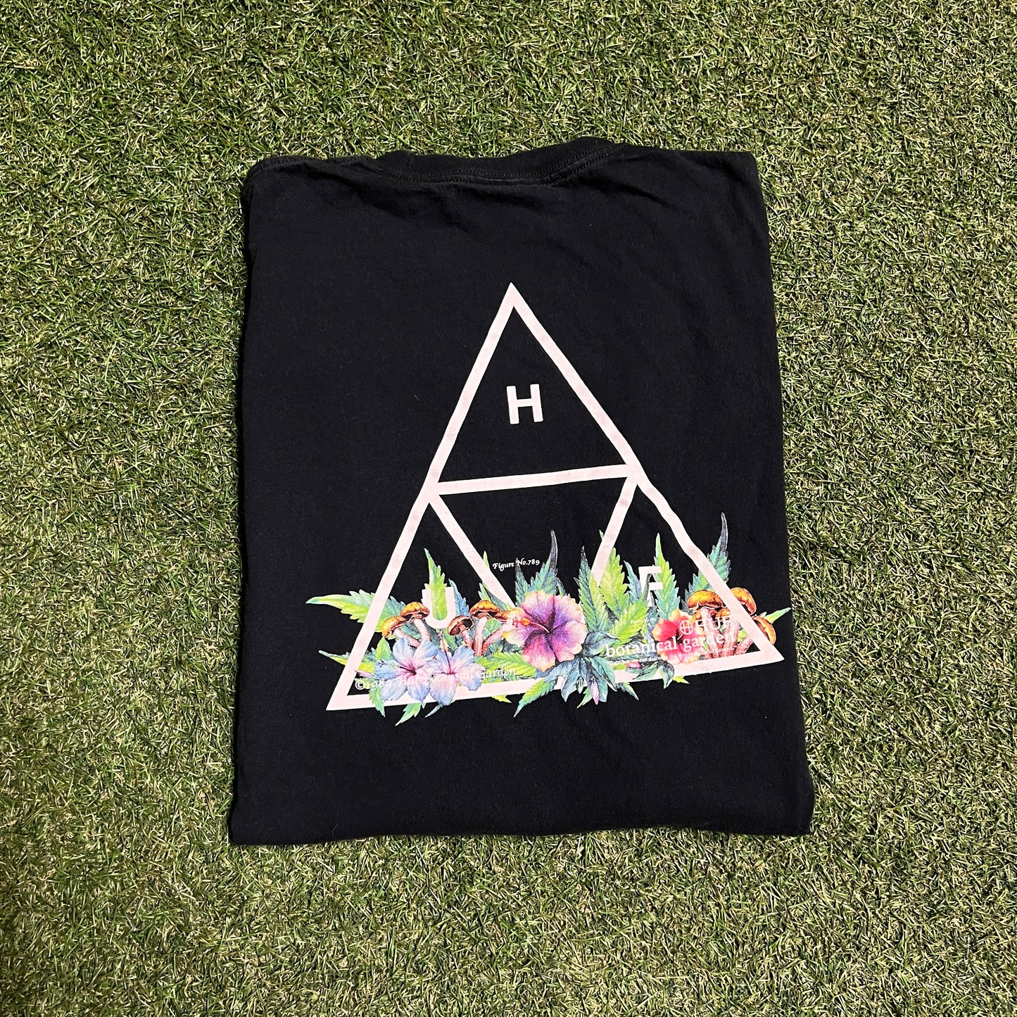 HUF Floral Logo Black Tee Size XXL USED v15098