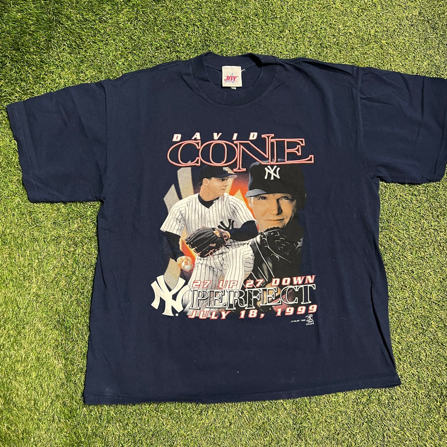 1999 David Cone 27 Up 27 Down Navy Tee Size XL USED v14154