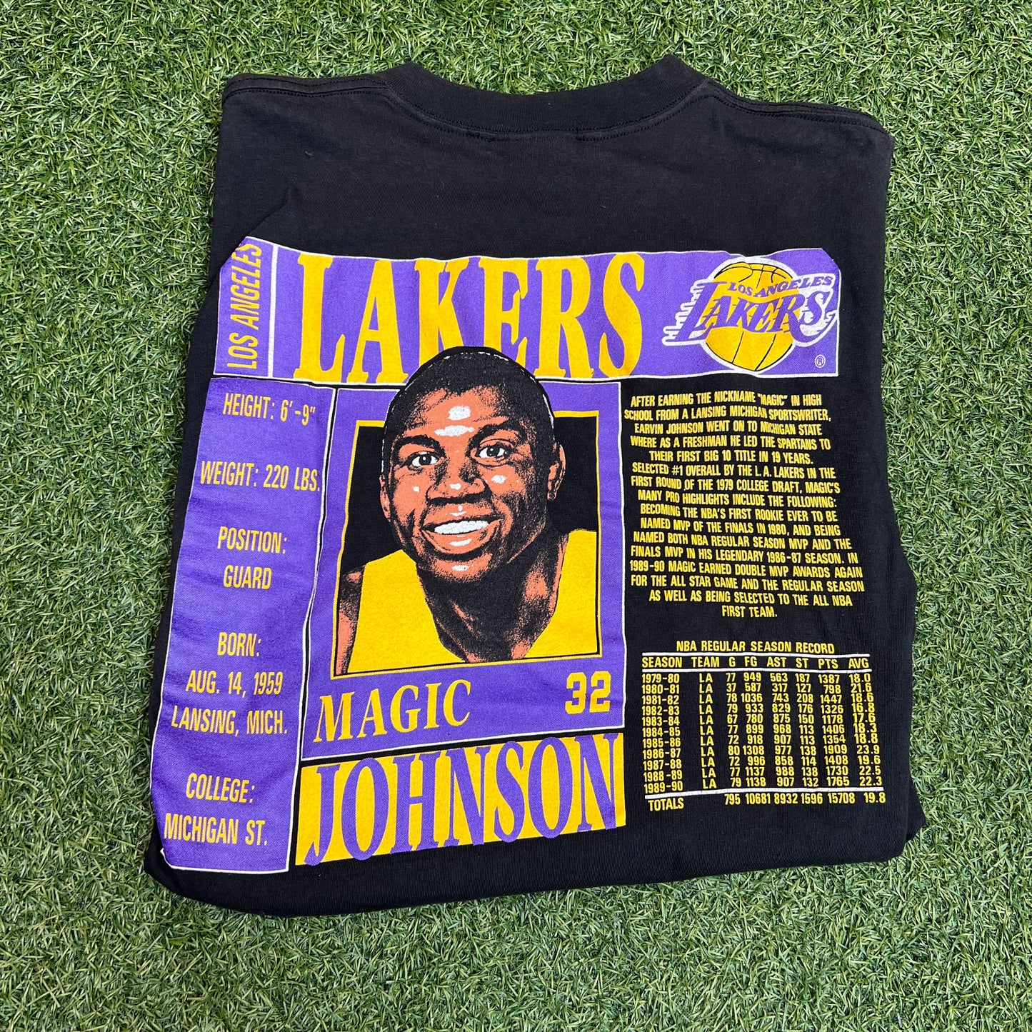 1990s Magic Johnson Stats Tee Nutmeg Tag Size Medium USED v5410