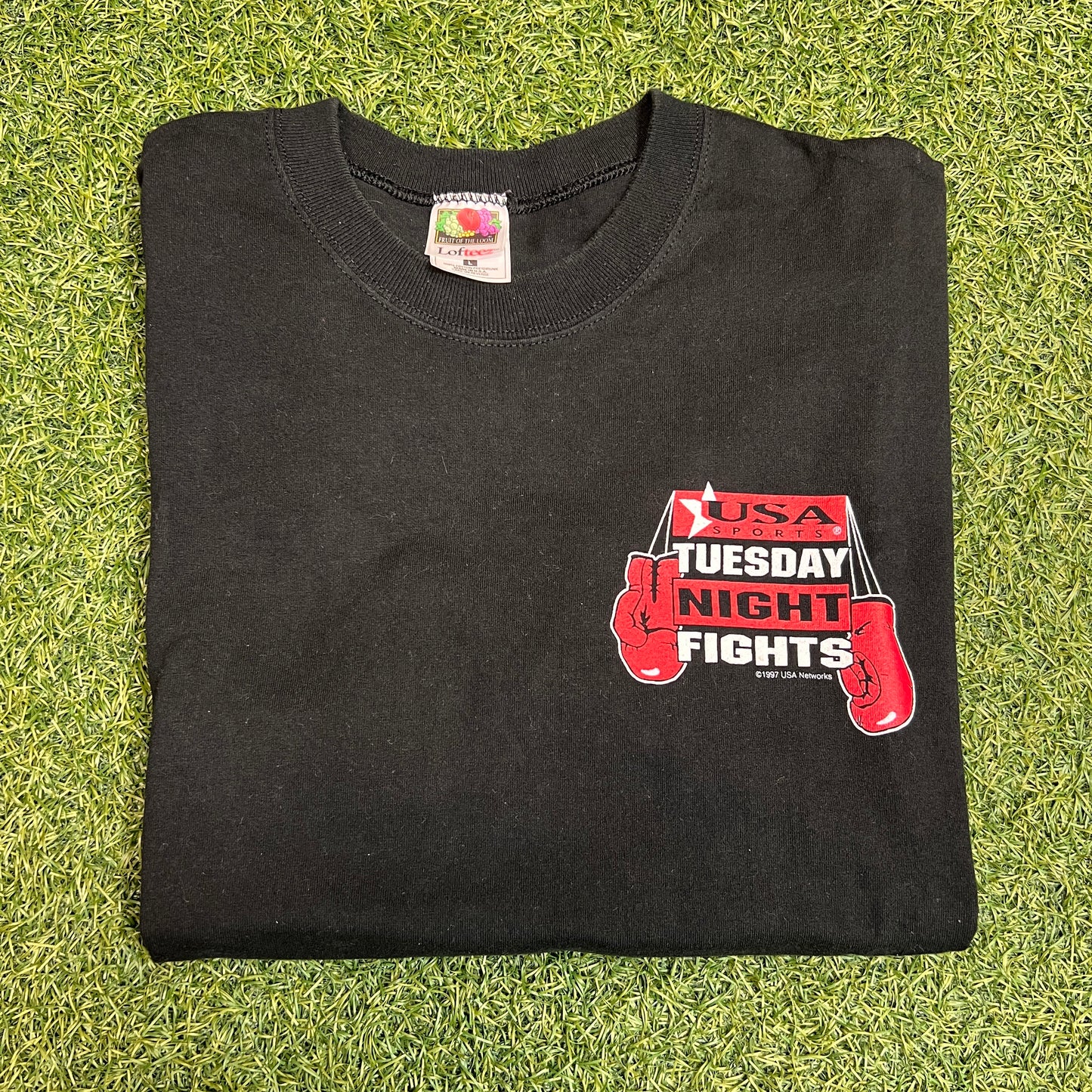 1997 Tuesday Night Fights Knocks Me Out USA Sports Black Tee Size Large USED x9901
