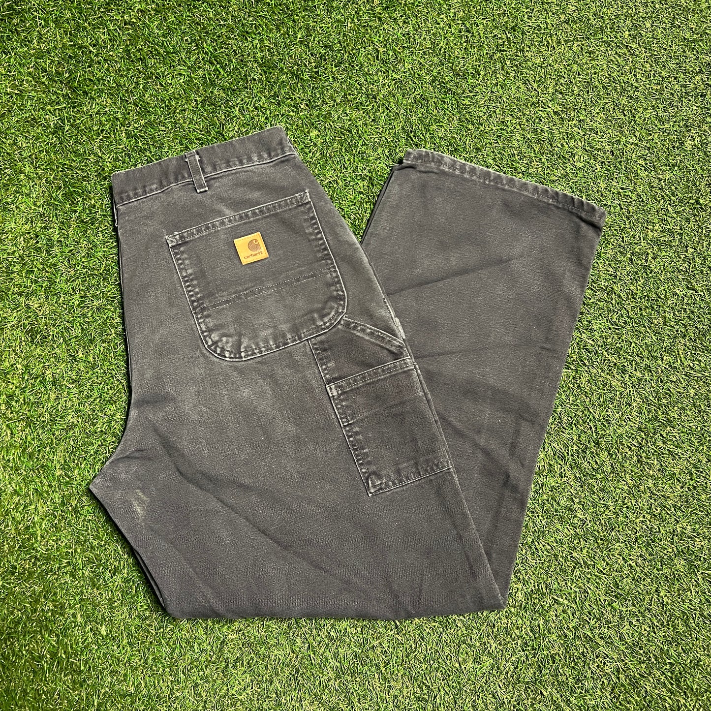 Carhartt Washed Dark Grey Dungaree Worker Pants Size 36x32 USED v10843