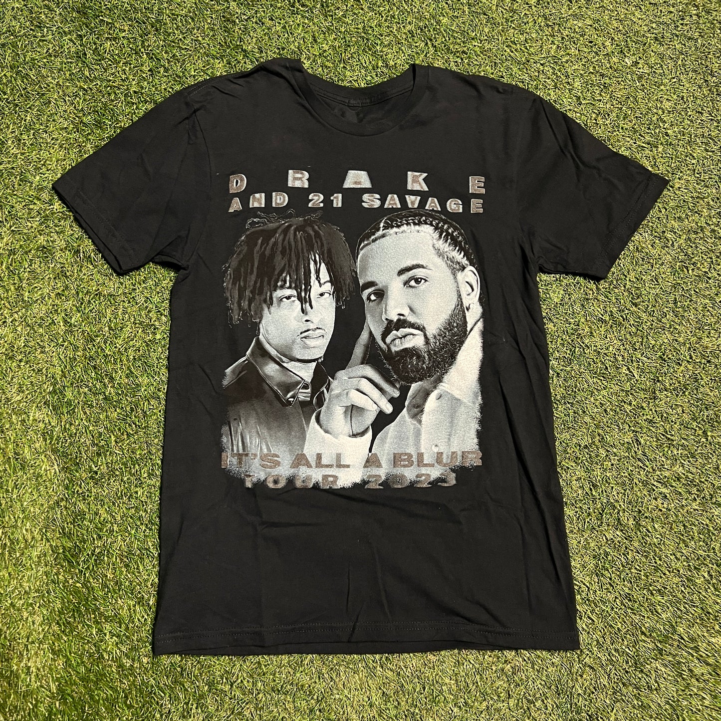 Drake & 21 Savage it's all a blur tour 2023 parking lot bootleg tee black black front red back no tag NEW x9348