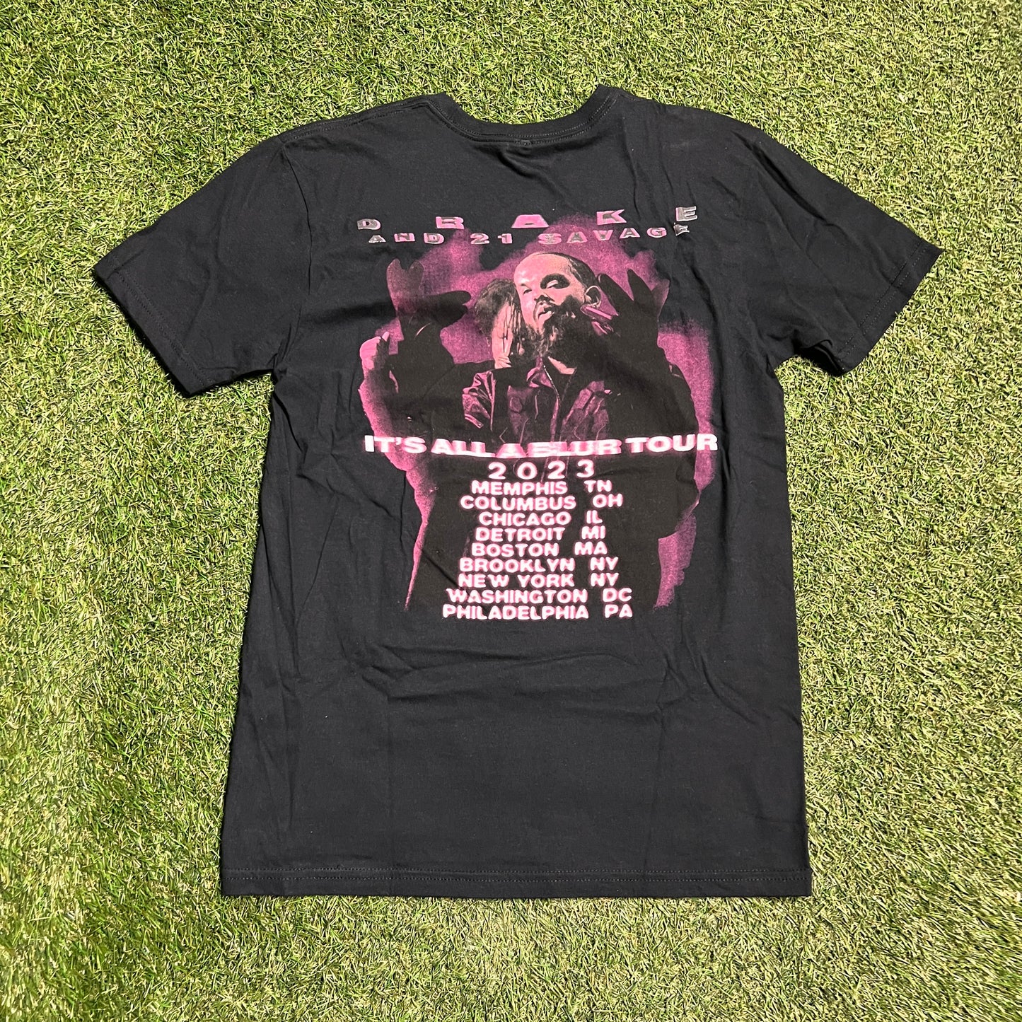 Drake & 21 Savage it's all a blur tour 2023 parking lot bootleg tee black black front red back no tag NEW x9348