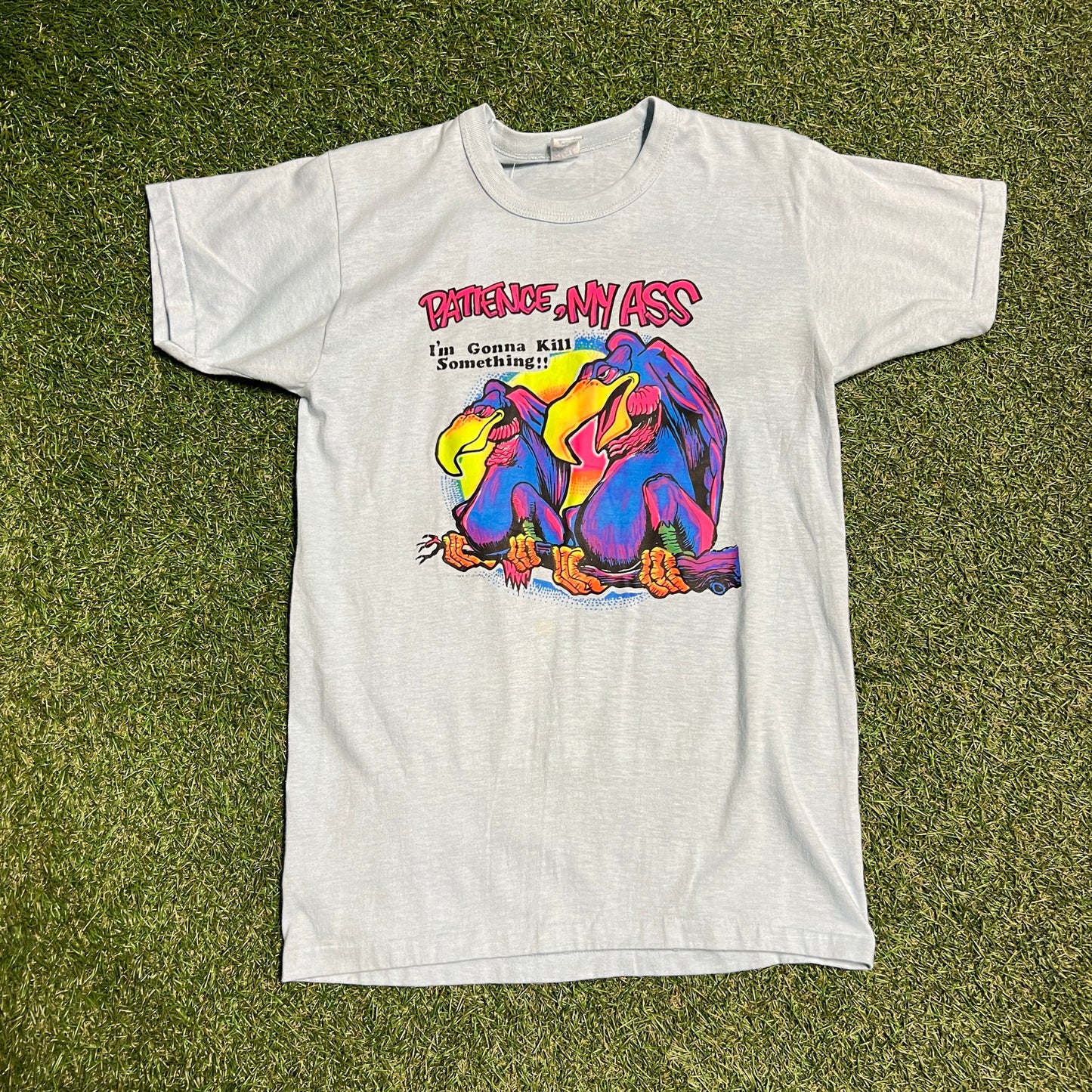 1980's Crows 'Patience My Ass' Blue Tee Size Medium Used v12338