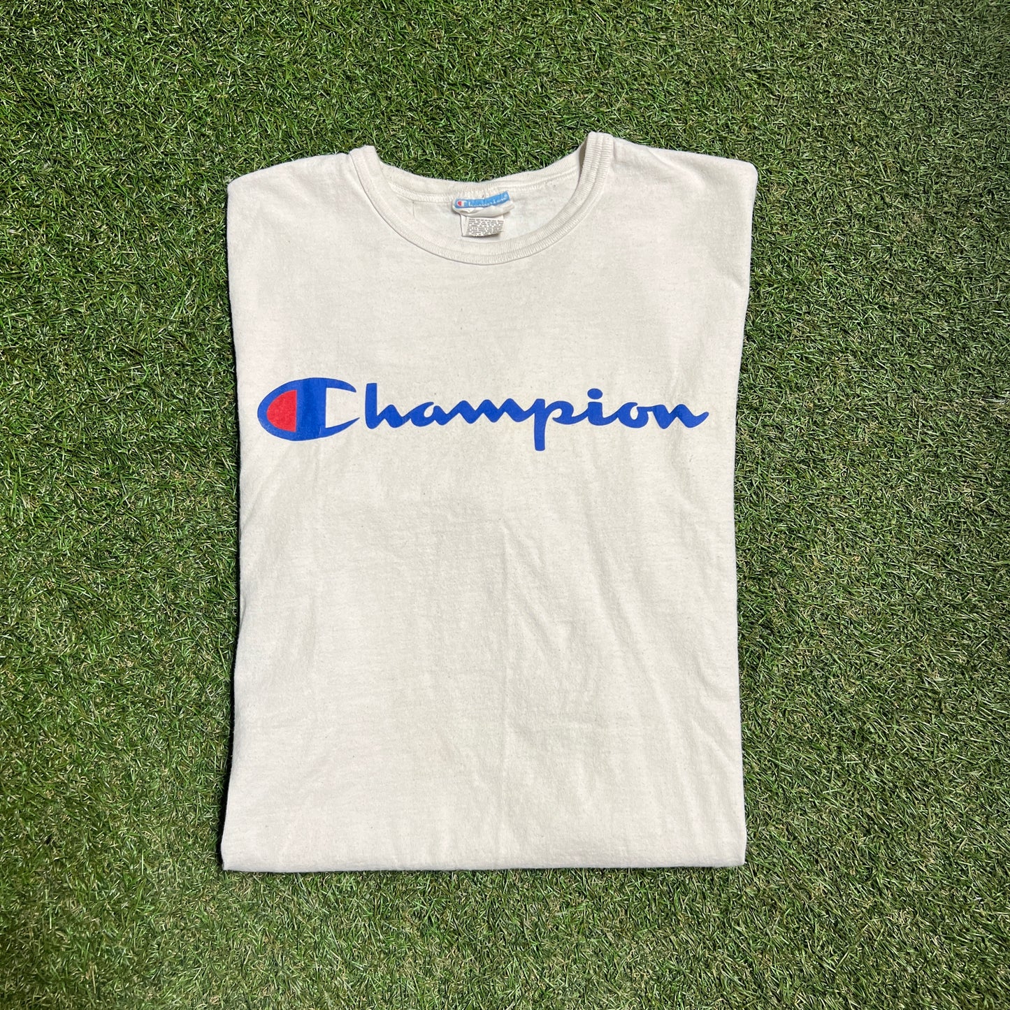 Champion Spelt logo White Tee Size Large USED v12287