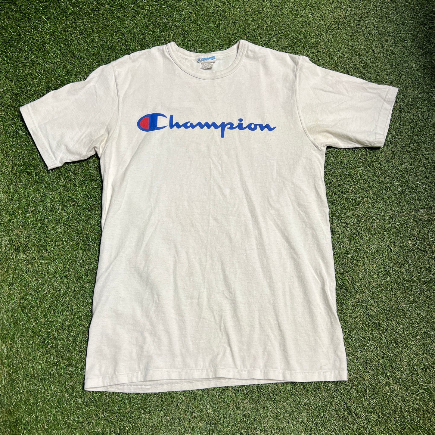 Champion Spelt logo White Tee Size Large USED v12287