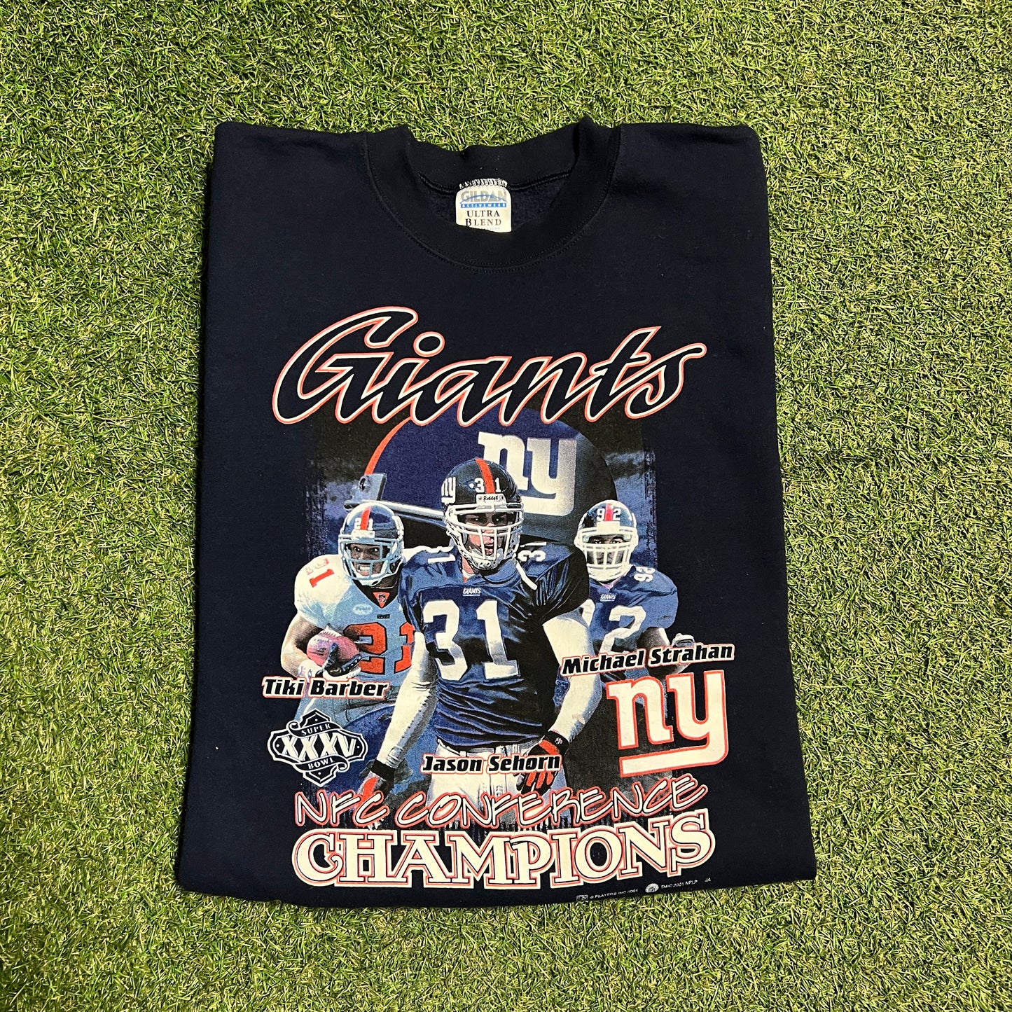 2001 Giants Barber Strahan Sehorn Navy Crewneck Size XL USED 15226