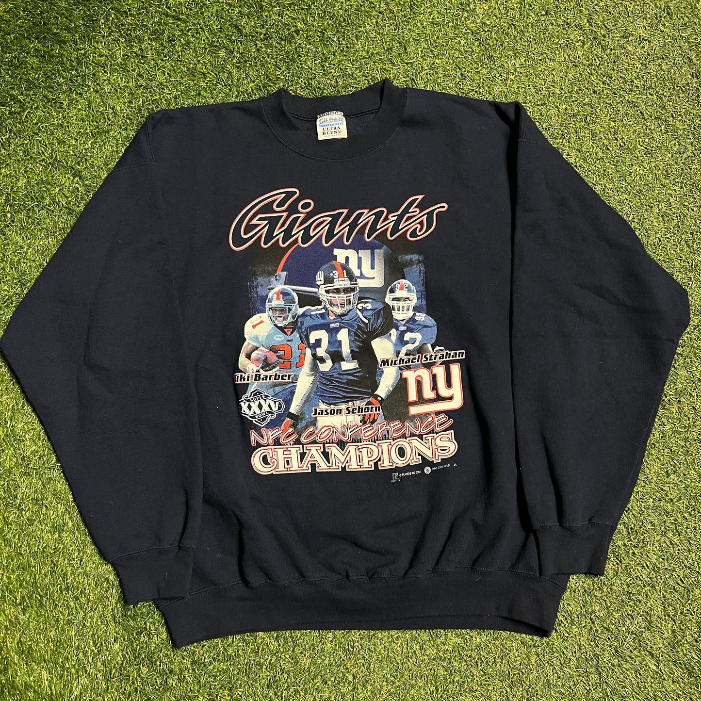 2001 Giants Barber Strahan Sehorn Navy Crewneck Size XL USED 15226
