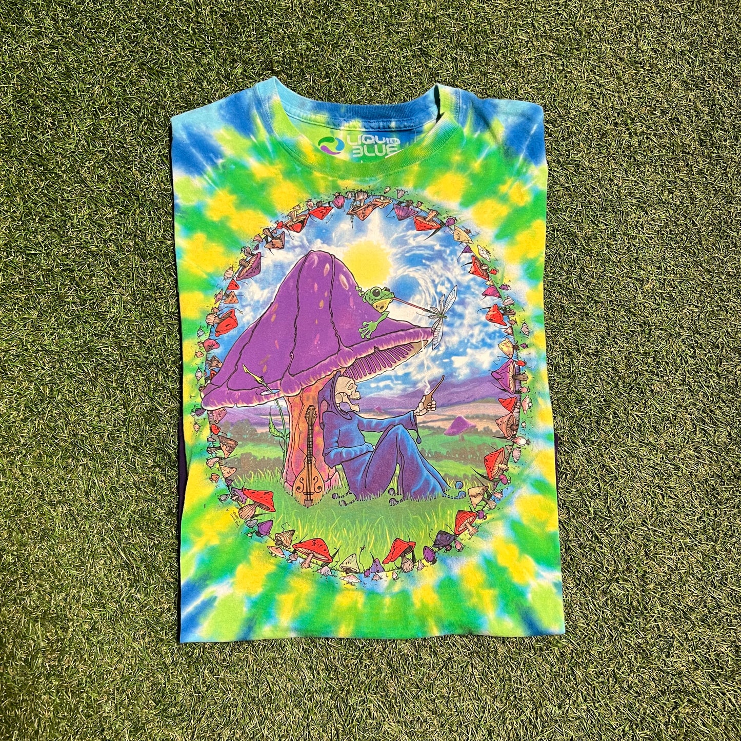 2000 liquid Blue Mushroom Reaper Tie Dye Tee Size Large USED v13188