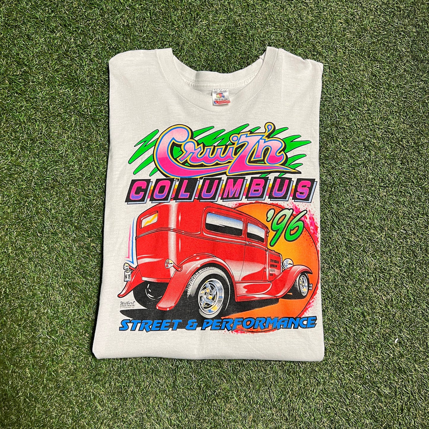 Cruzin Columbus Racing Tee 1990s White Tee Size XXL USED v11668