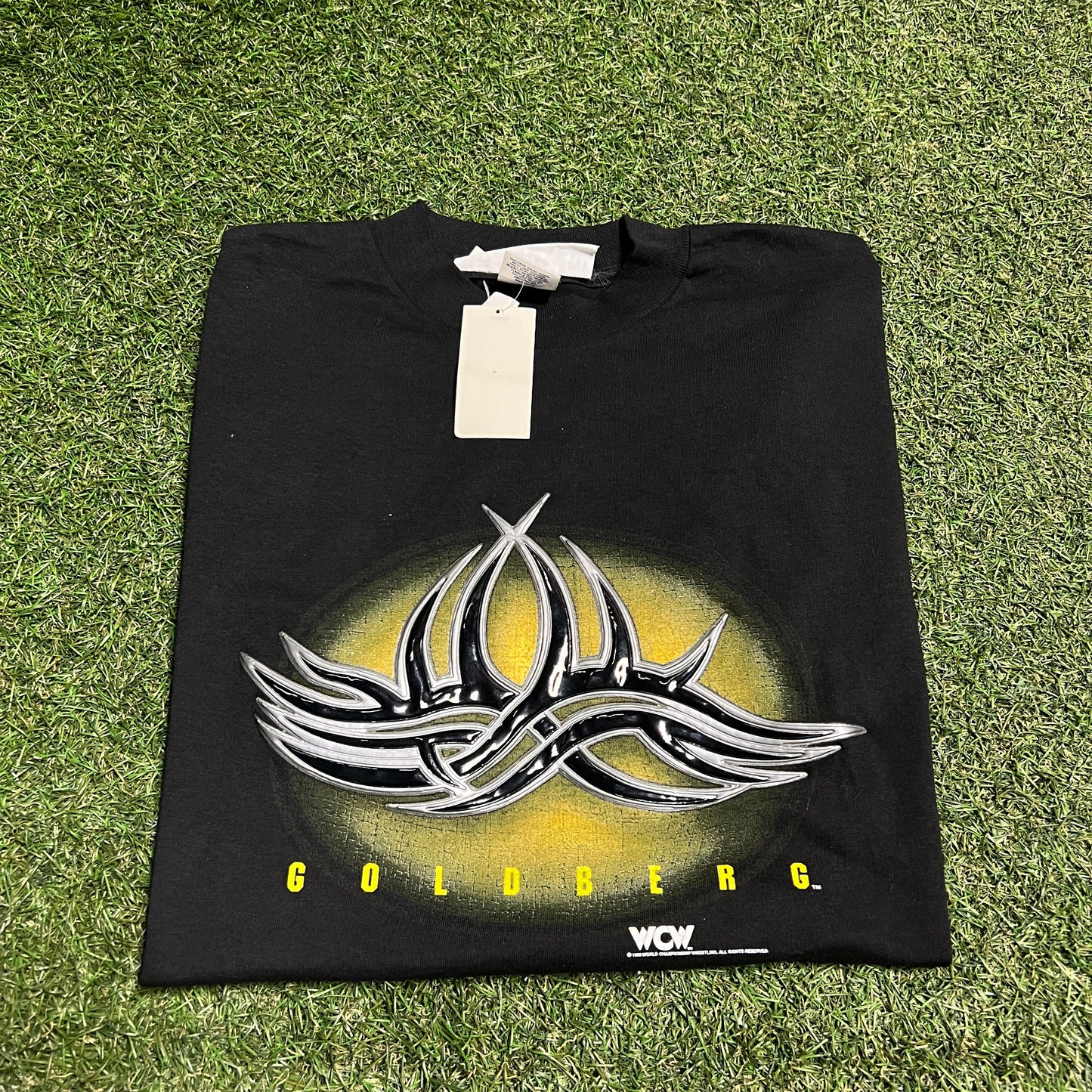1998 WCW Goldberg Vinyl Patch Logo Black Tee Size Medium NEW v15332