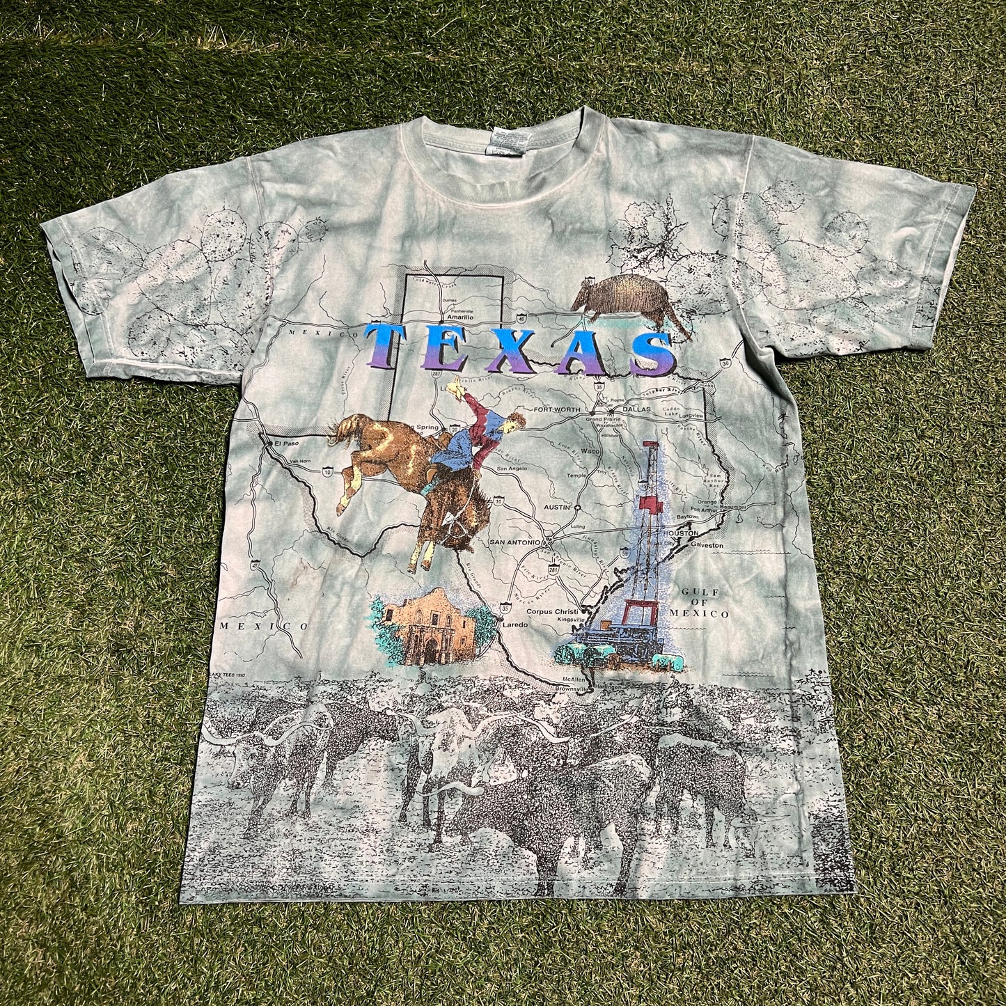 1993 Texas Road Map All Over Print Blue Tee Size Large USED v15331