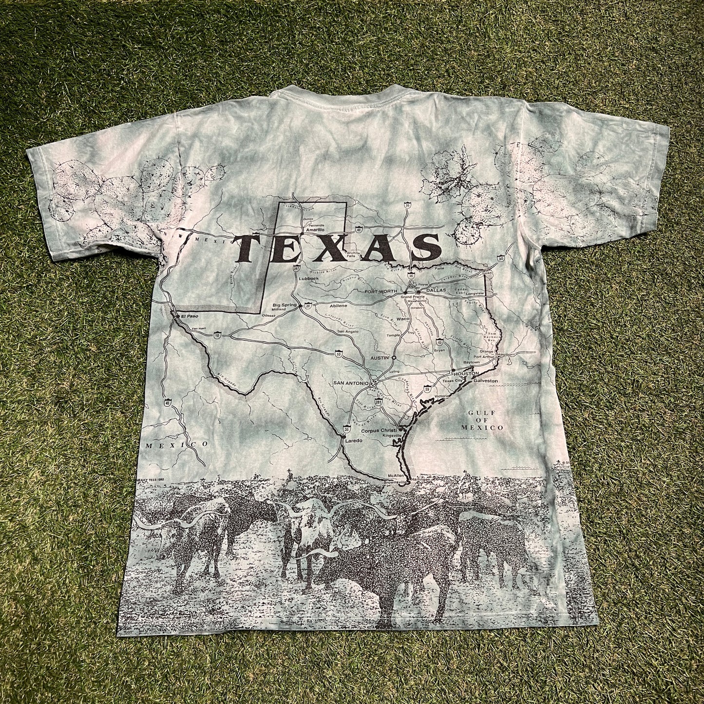1993 Texas Road Map All Over Print Blue Tee Size Large USED v15331