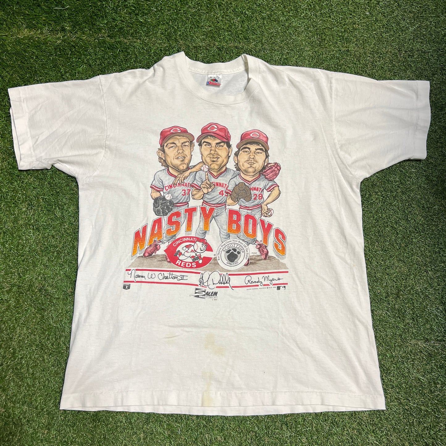 1990 Cincinnati Reds Nasty Boys White Tee Size XL USED v14242