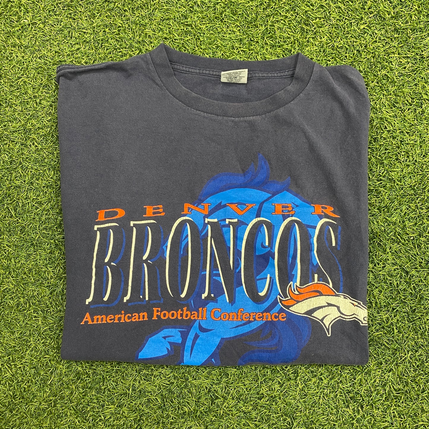 1990s Dever Broncos Football Conference Blue Tee Size XL USED v14869