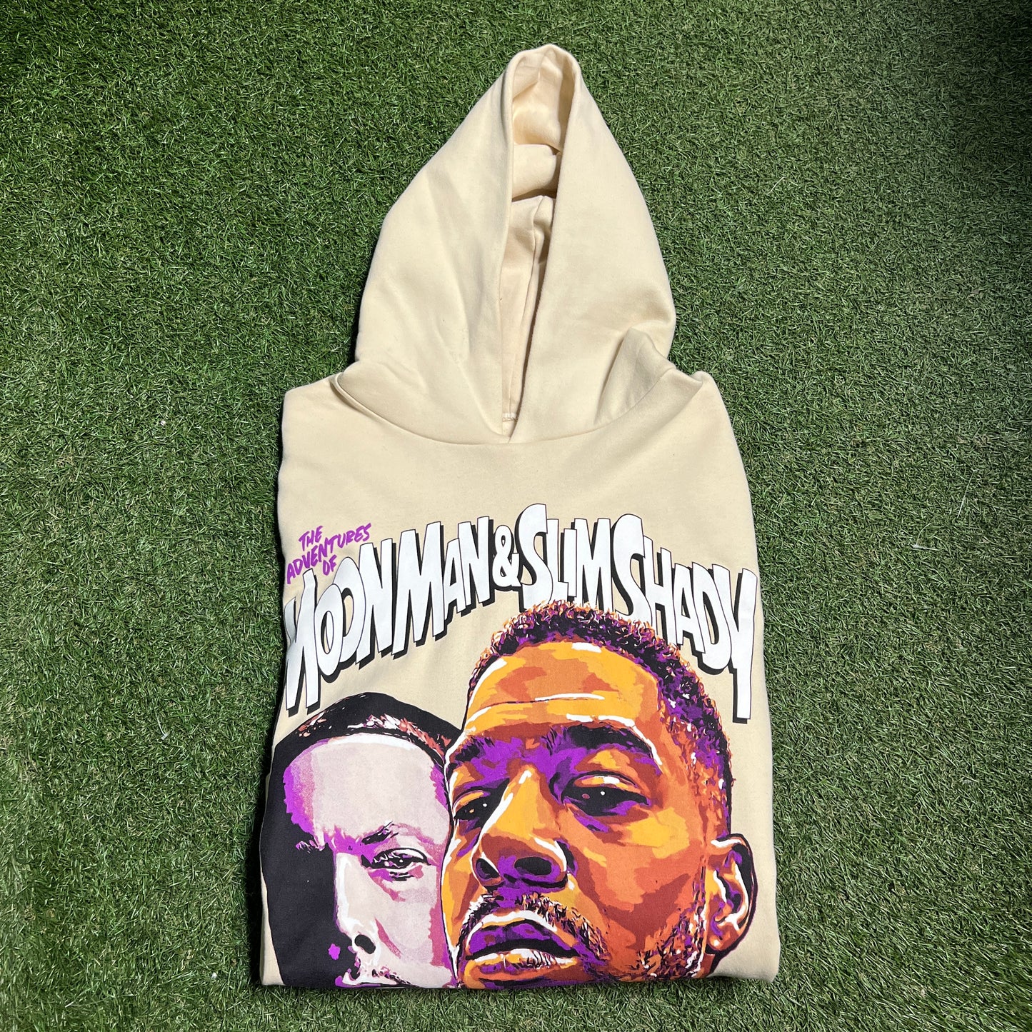 Kid Cudi Moon Man & Slim Shady Cream Hoodie Size Large USED x10072