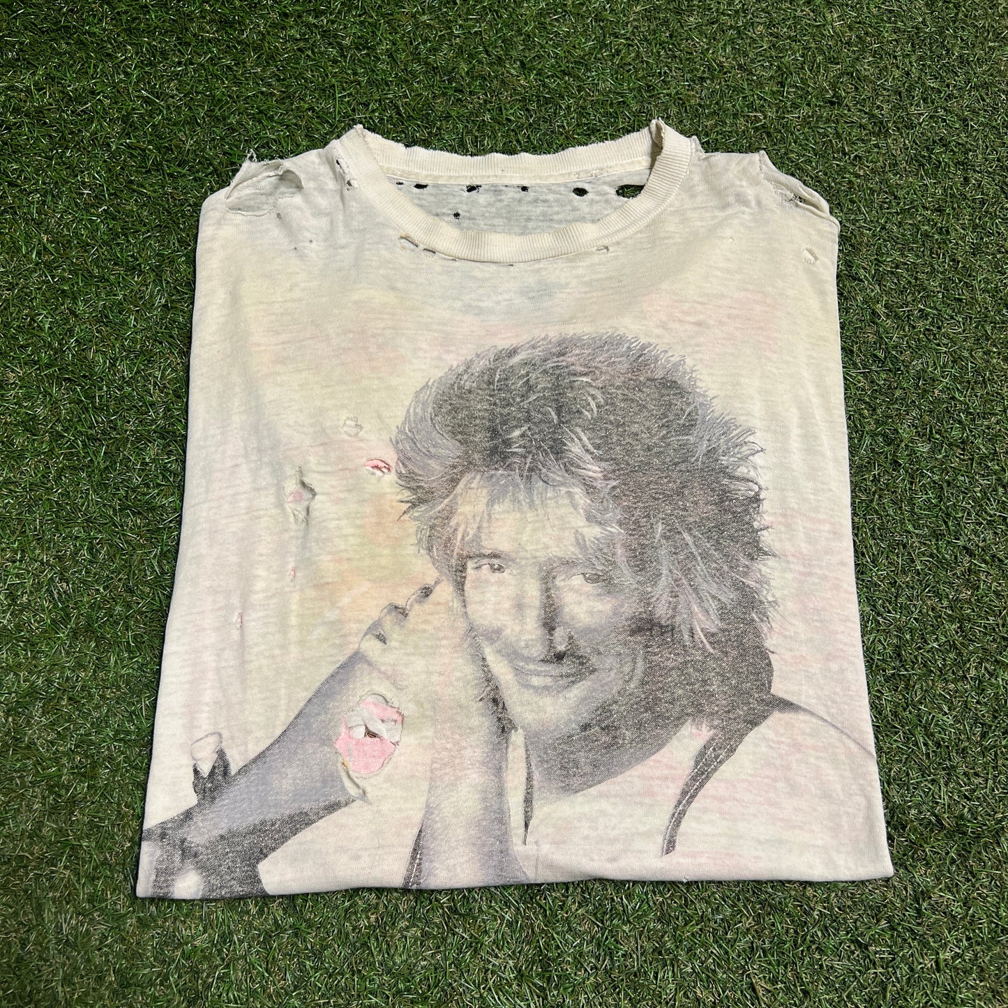 1989 Rod Stewart Out of Order Tour White Tee Trashed Size XL USED v15350