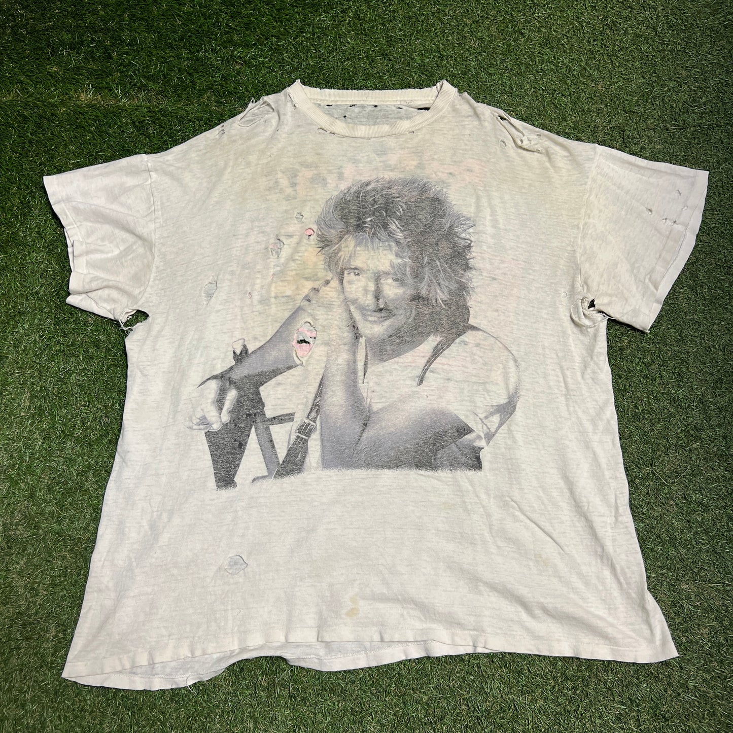 1989 Rod Stewart Out of Order Tour White Tee Trashed Size XL USED v15350