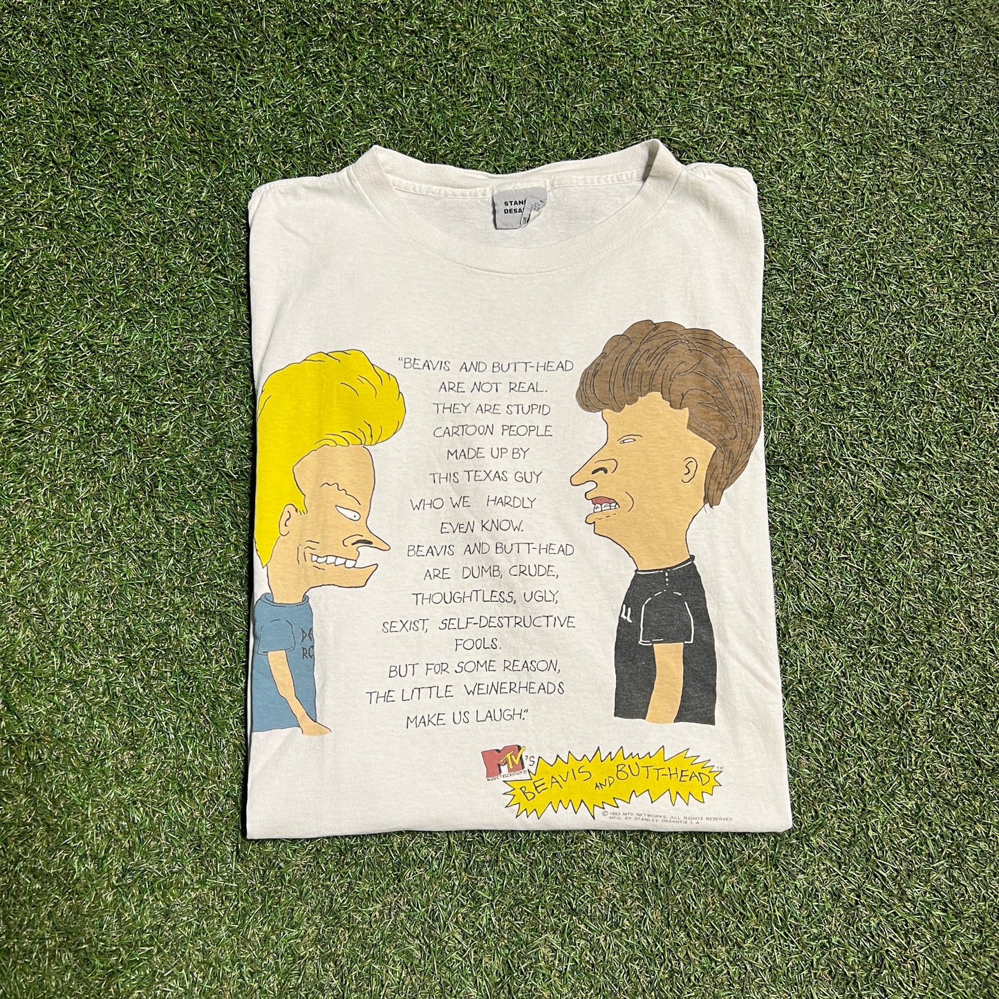 1993 Stanley Desantis Beavis and Butthead Are Not Real White Tee Size Large USED v14256