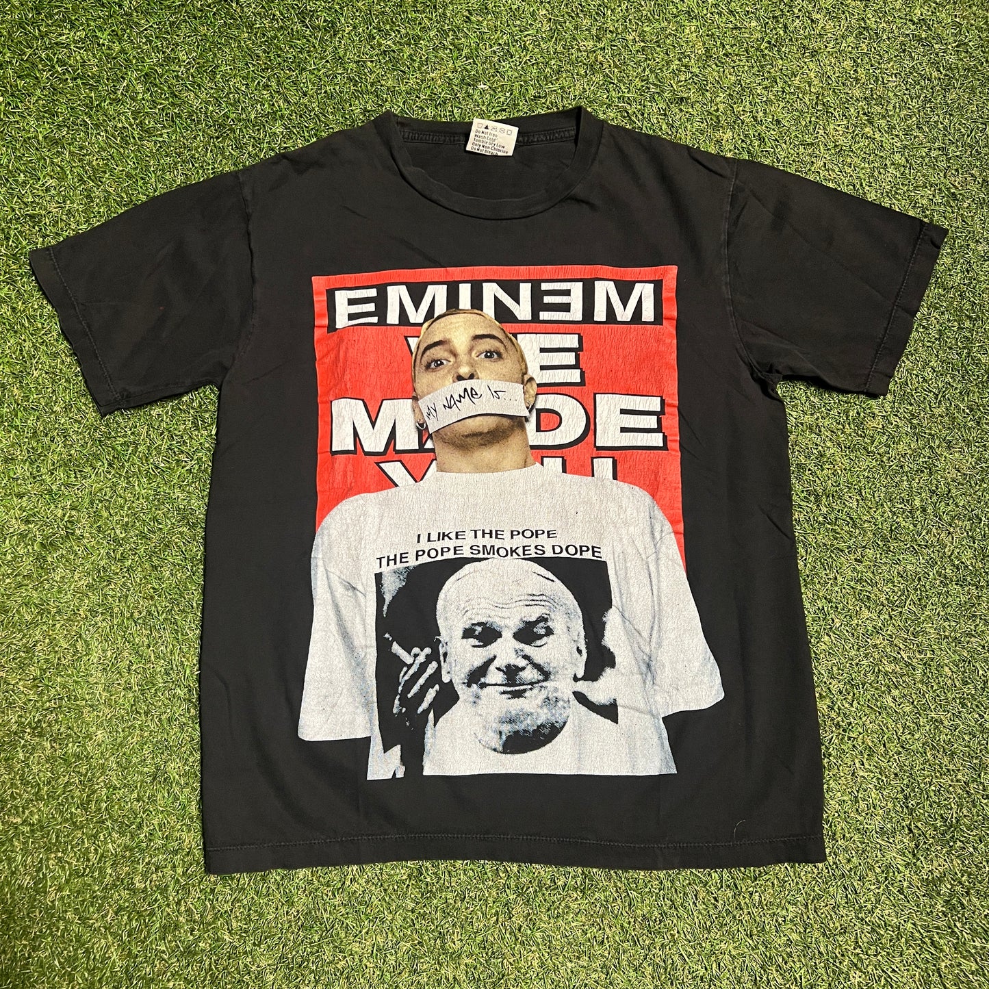 Eminem My Name Is... Pope Smokes Dope Black Tee Size Large USED v8846