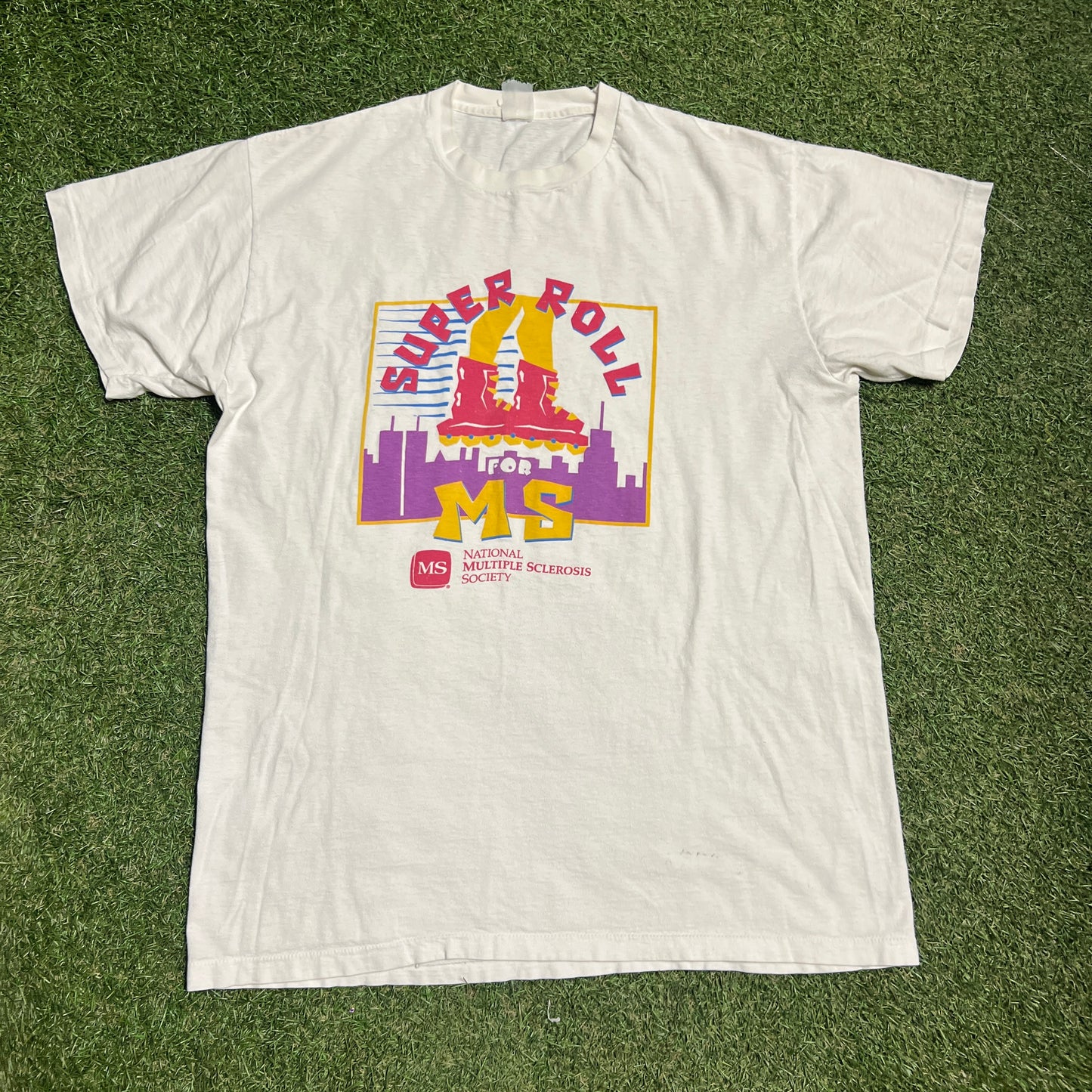 1990s Super Roll For MS White Tee Size XL USED v15566