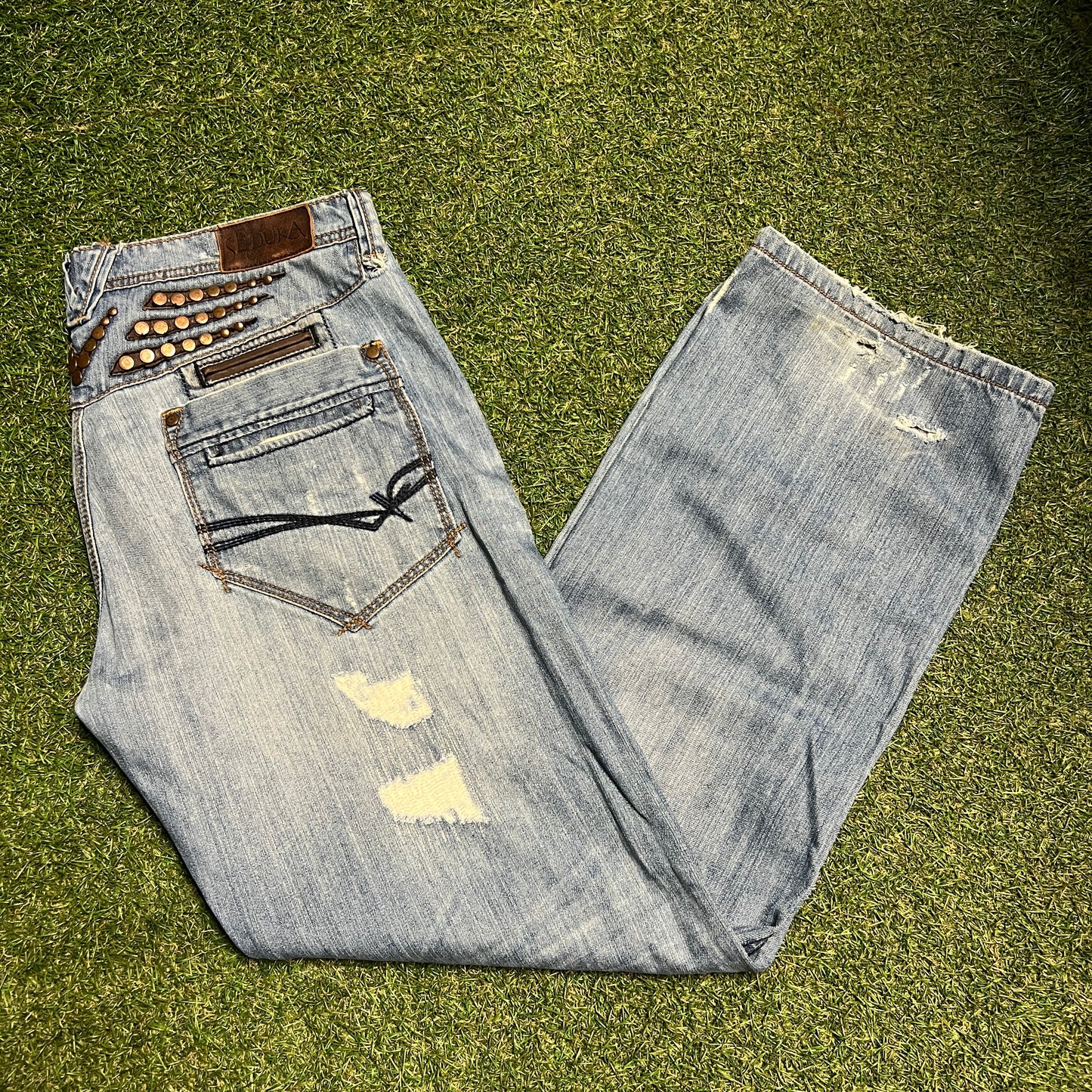 Y2K Seduka Light Wash Blue Jeans Embelished Back Detail Size 38 USED v15583