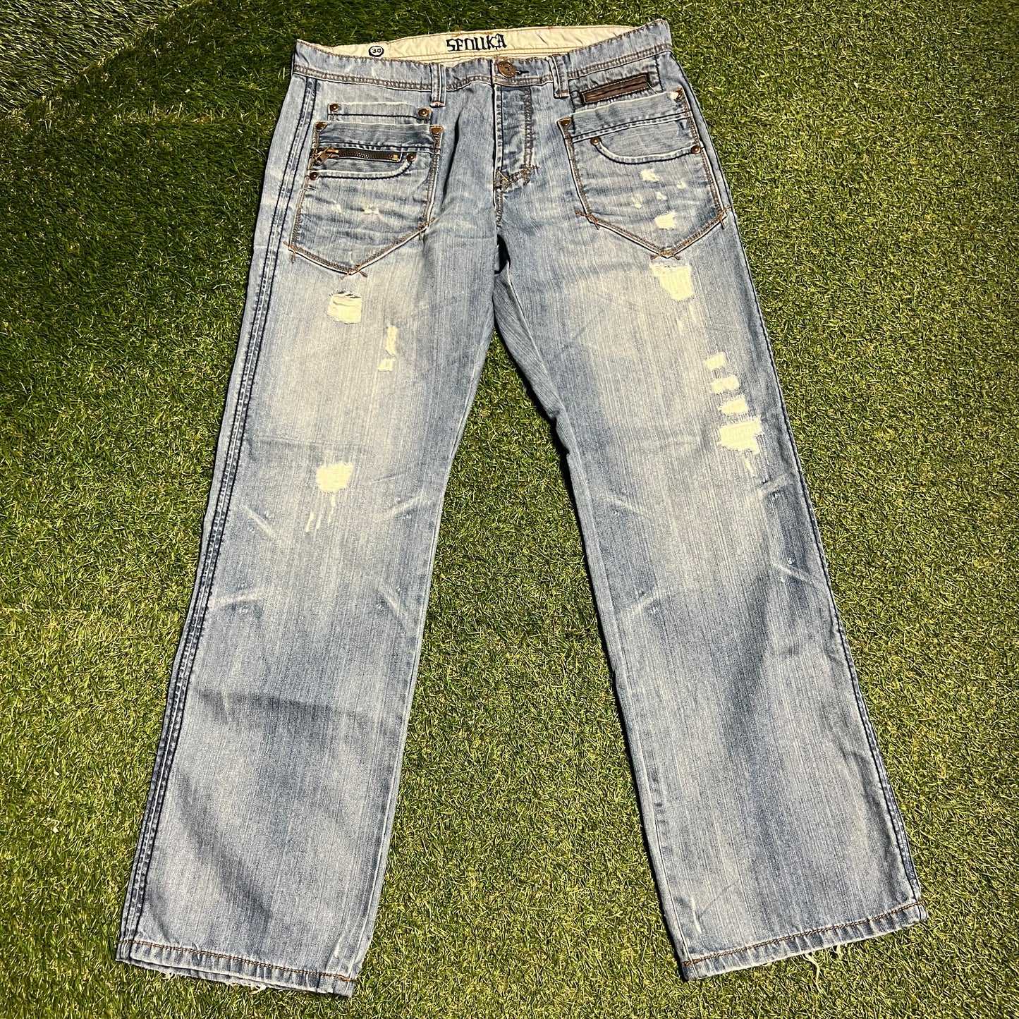 Y2K Seduka Light Wash Blue Jeans Embelished Back Detail Size 38 USED v15583