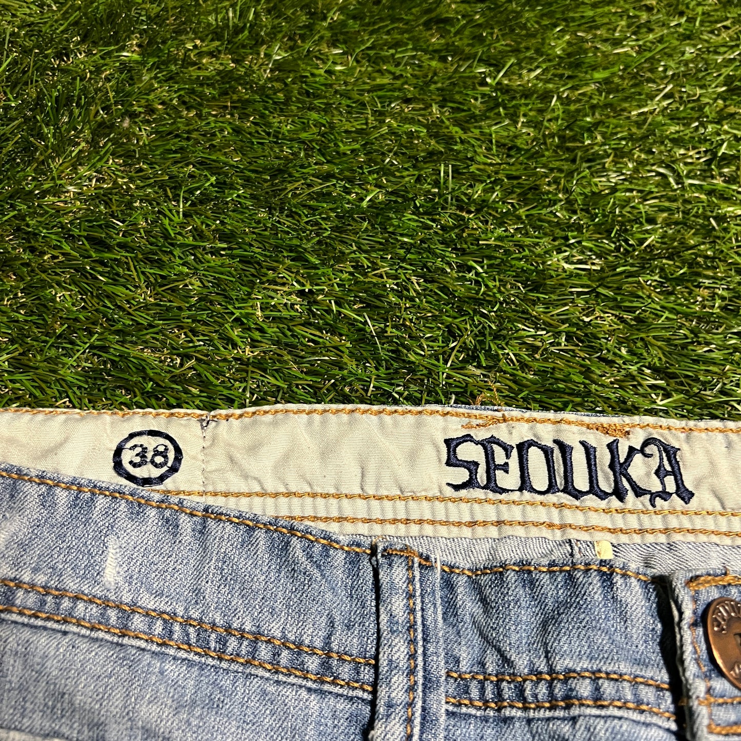 Y2K Seduka Light Wash Blue Jeans Embelished Back Detail Size 38 USED v15583
