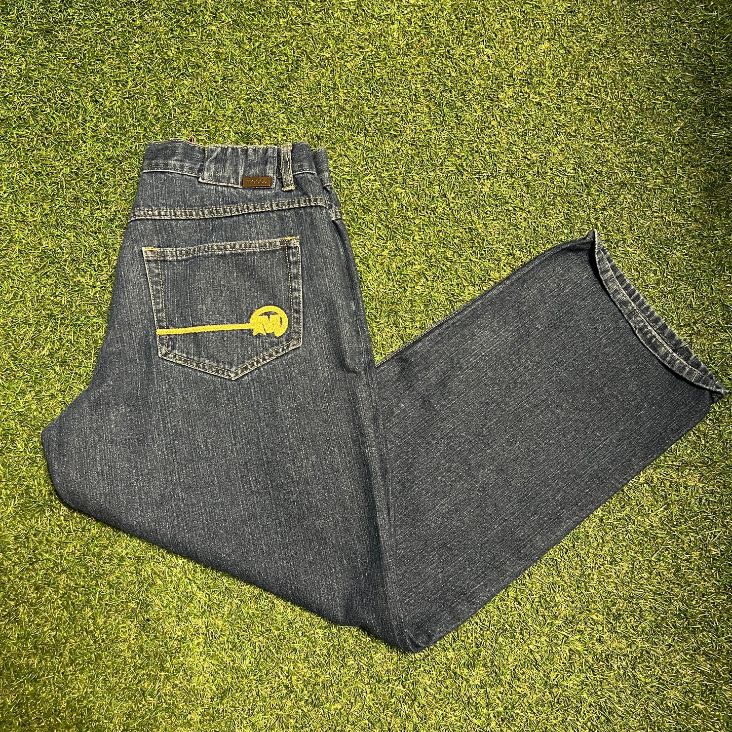 Y2K Mecca Blue Jeans Yellow Ebroidered Logo Pocket Size 36x34 USED v15581