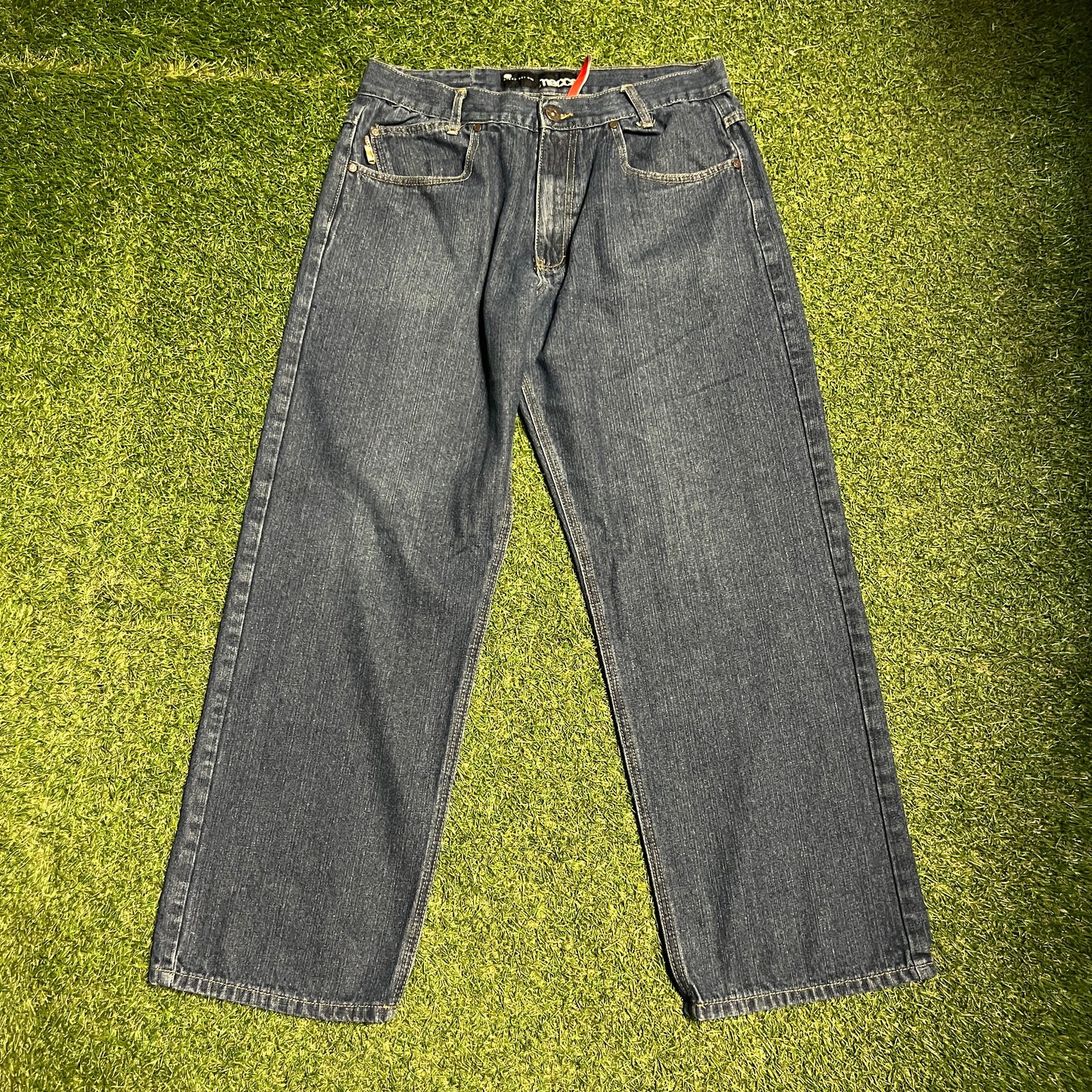 Y2K Mecca Blue Jeans Yellow Ebroidered Logo Pocket Size 36x34 USED v15581