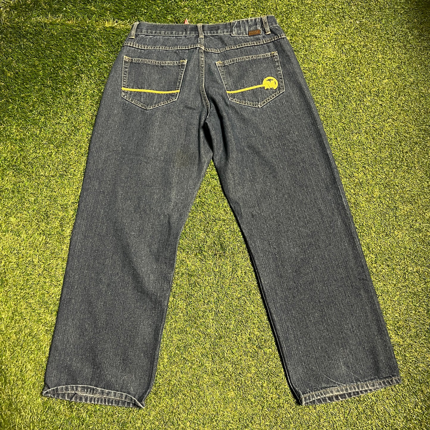 Y2K Mecca Blue Jeans Yellow Ebroidered Logo Pocket Size 36x34 USED v15581