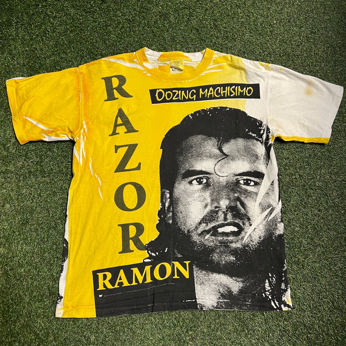 1993 Razor Ramon WWF Full Print Tee Yellow Size XL USED v14496