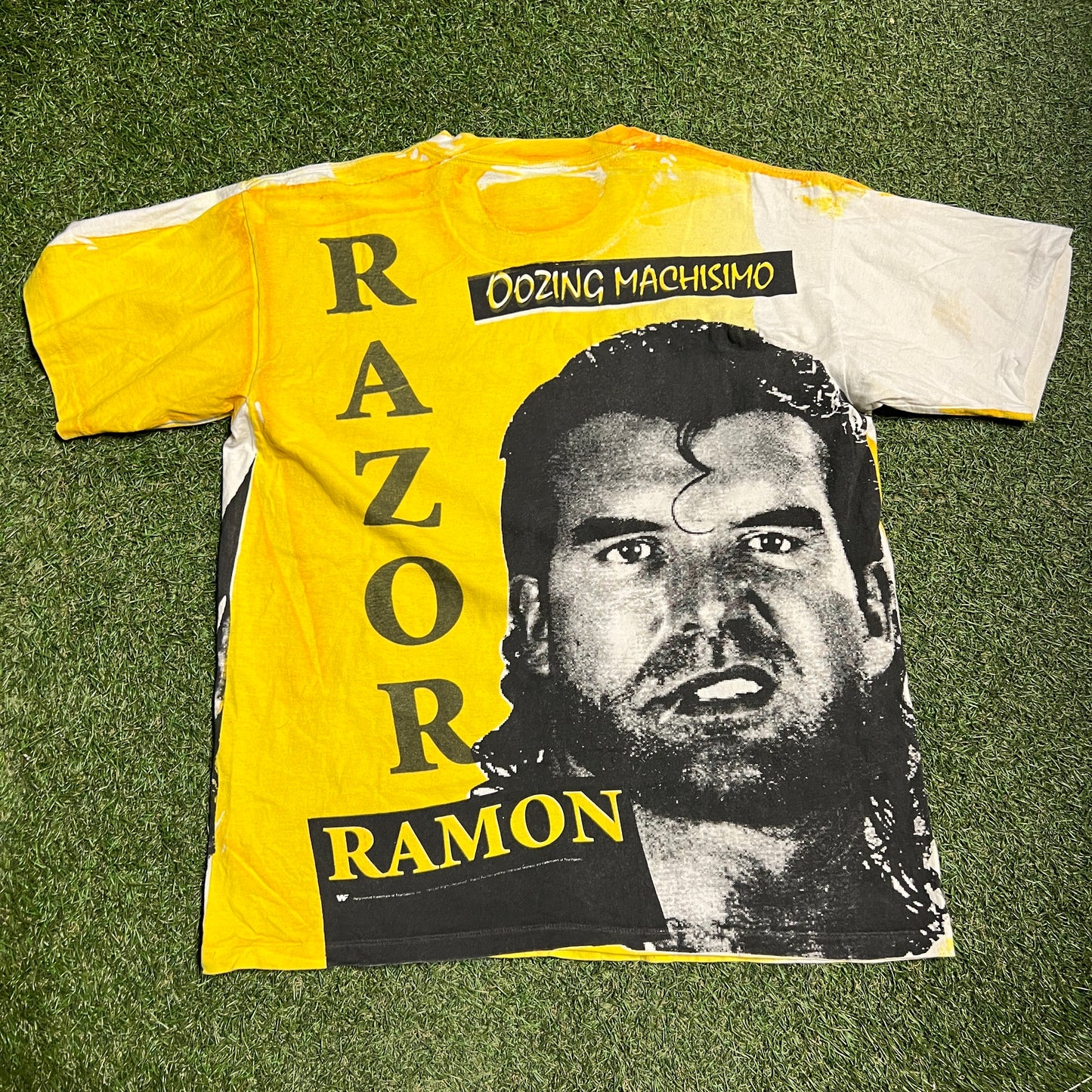 1993 Razor Ramon WWF Full Print Tee Yellow Size XL USED v14496