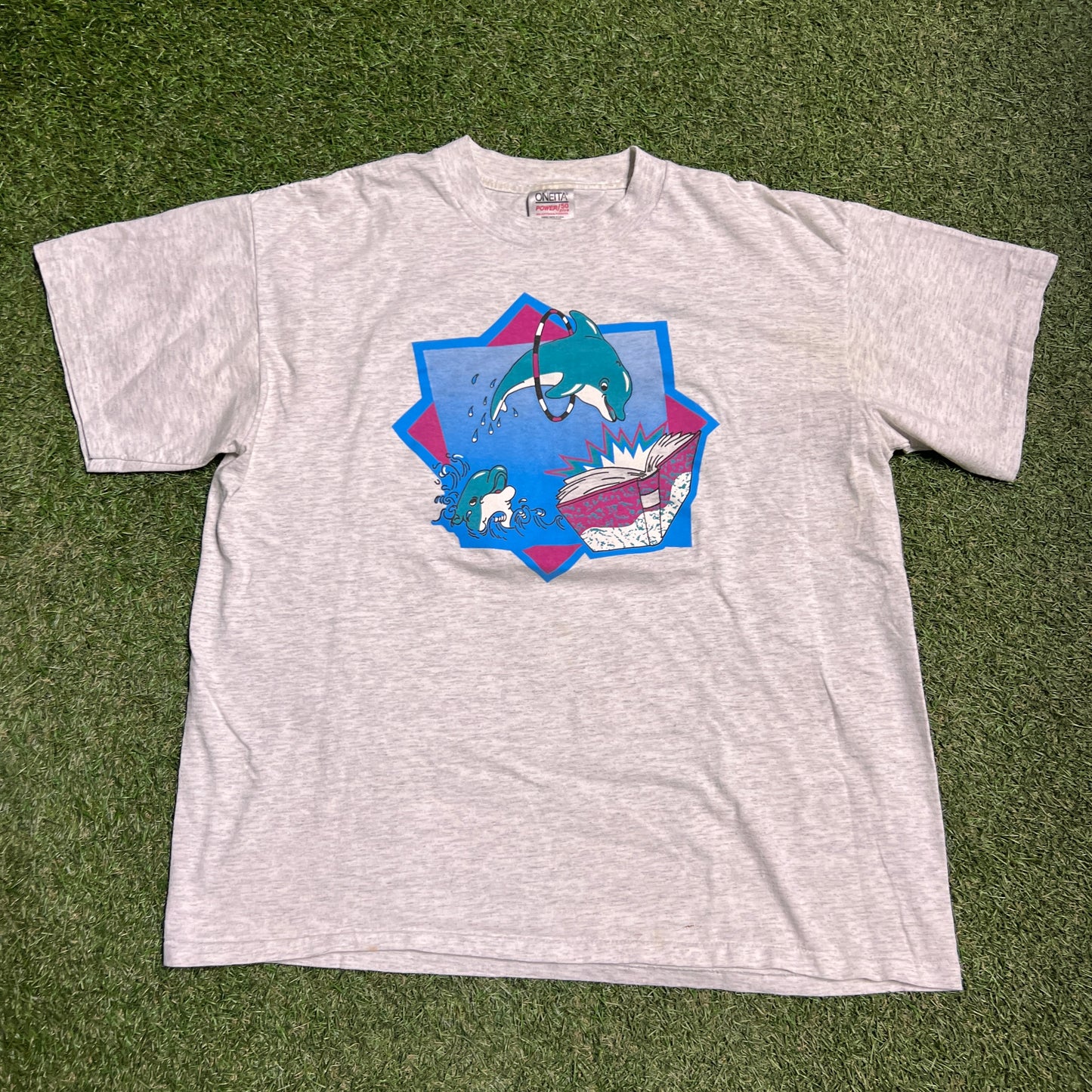 1990s Dolphin Tricks Tee Grey Size XL USED v14571