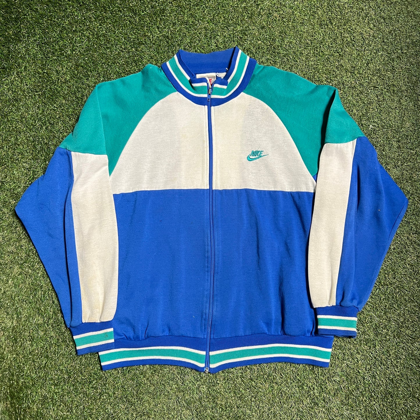1990s Nike Teal/White/Blue Half Zip Fleece Size Large USED v14553