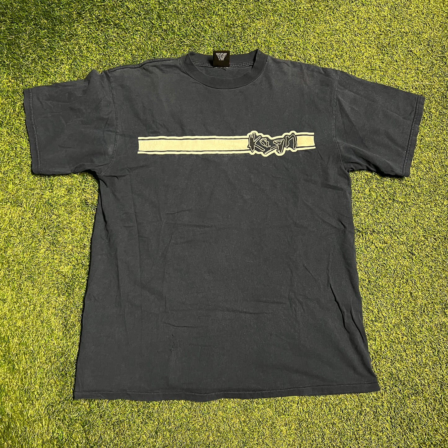 1990s Korn Silver Stripe Navy Tee Size XL USED v15621