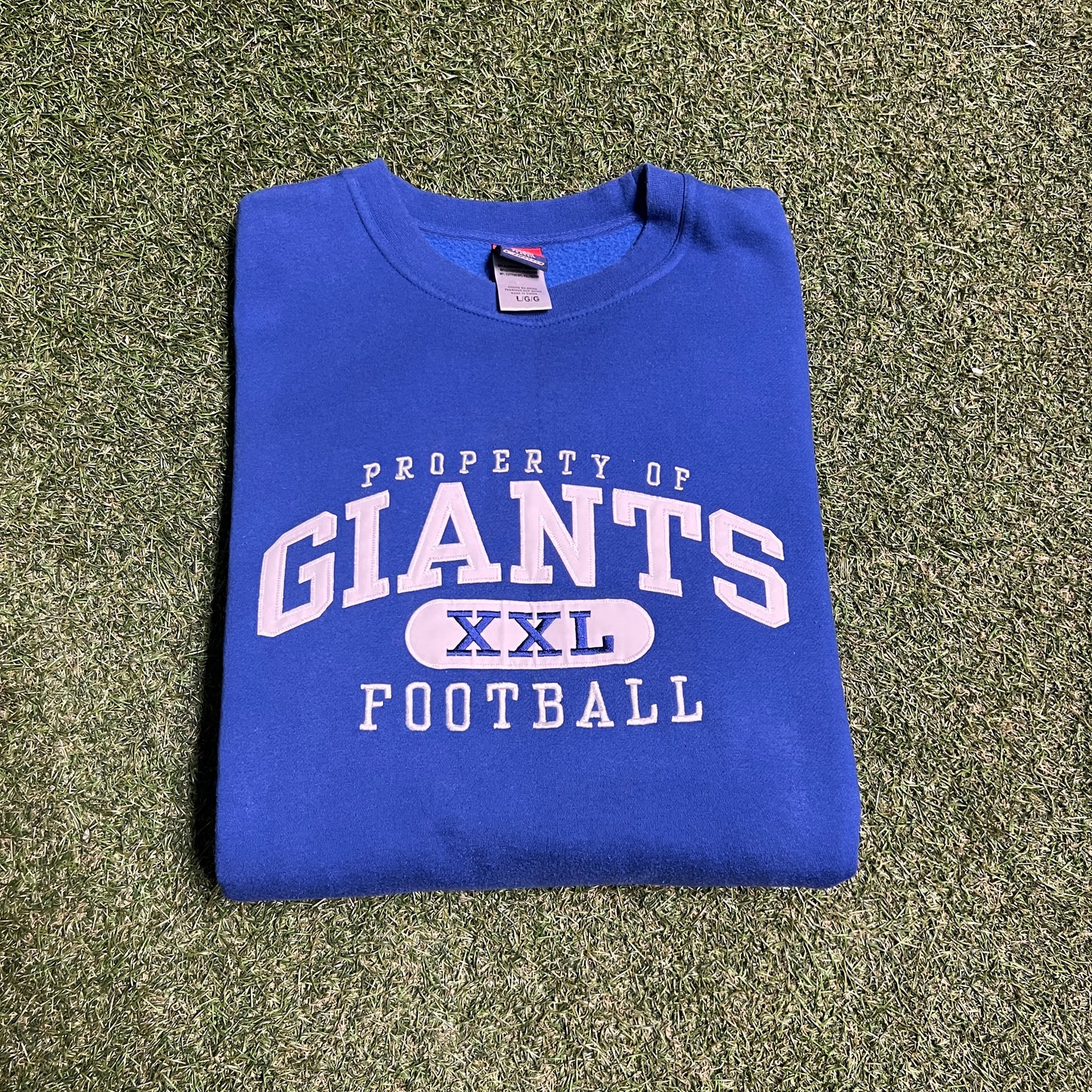 NY Giants "Poperty of" NFL Tag Blue Crewneck Size Large USED v15660