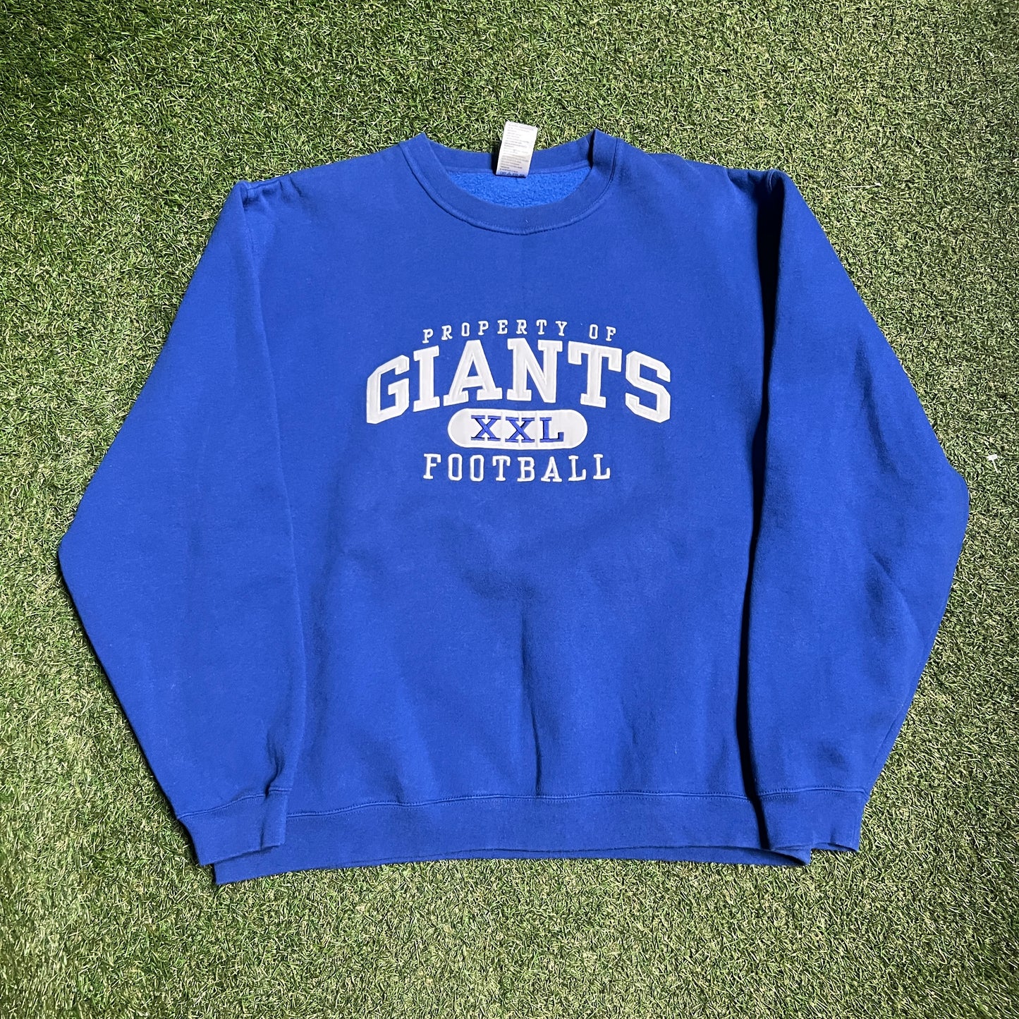 NY Giants "Poperty of" NFL Tag Blue Crewneck Size Large USED v15660
