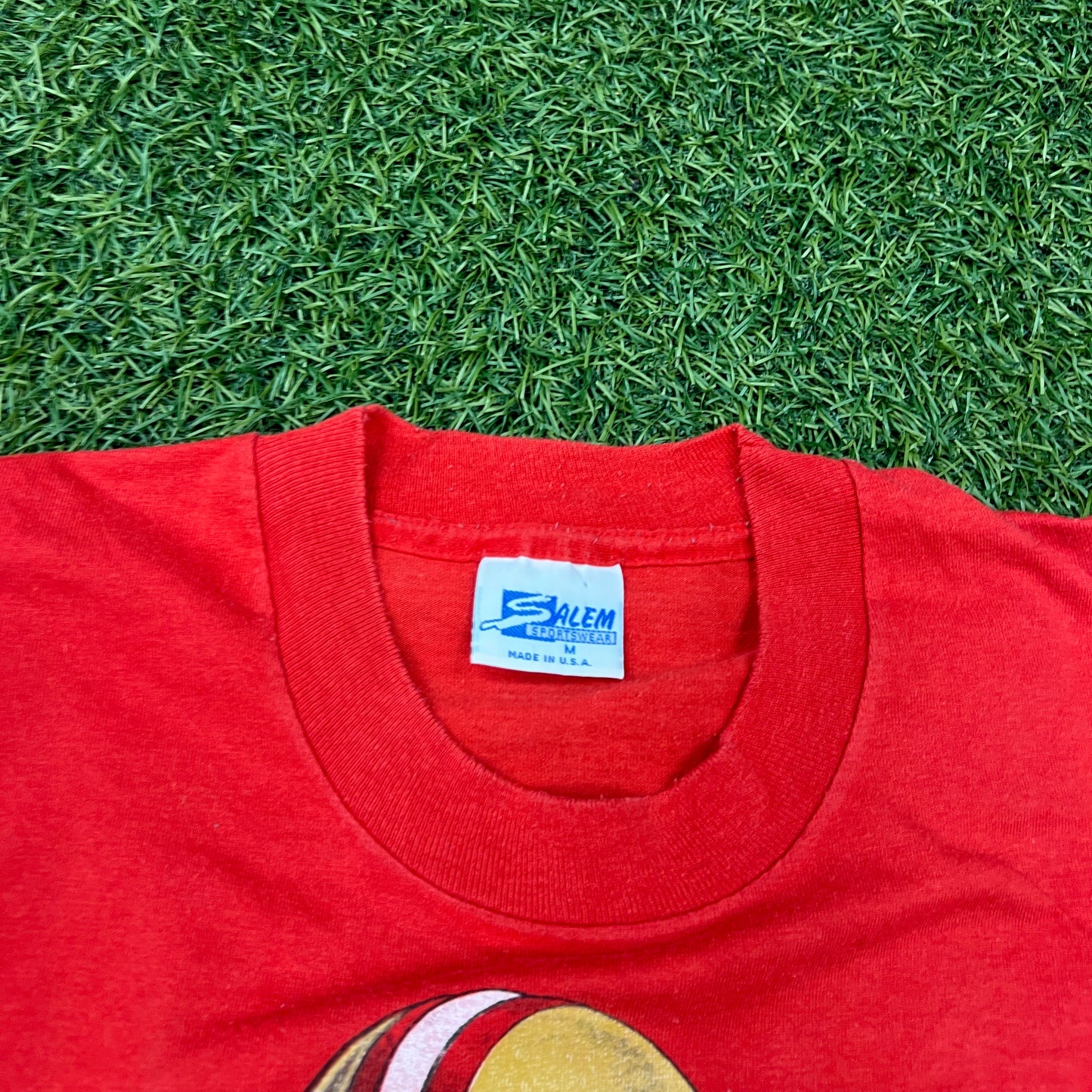 1987 Joe Montana San Franciso Cartoon Head Red Tee Size Medium USED v14617