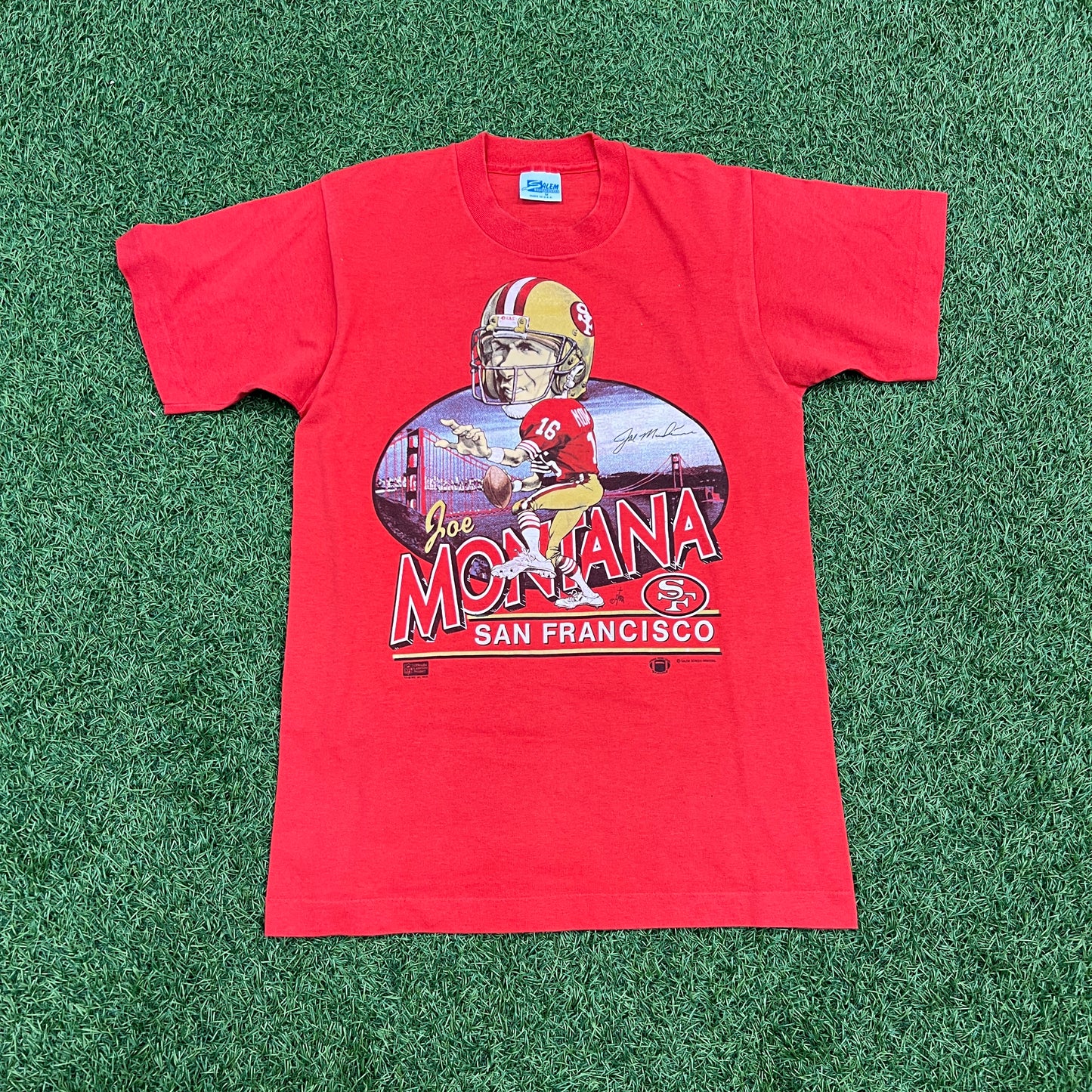 1987 Joe Montana San Franciso Cartoon Head Red Tee Size Medium USED v14617