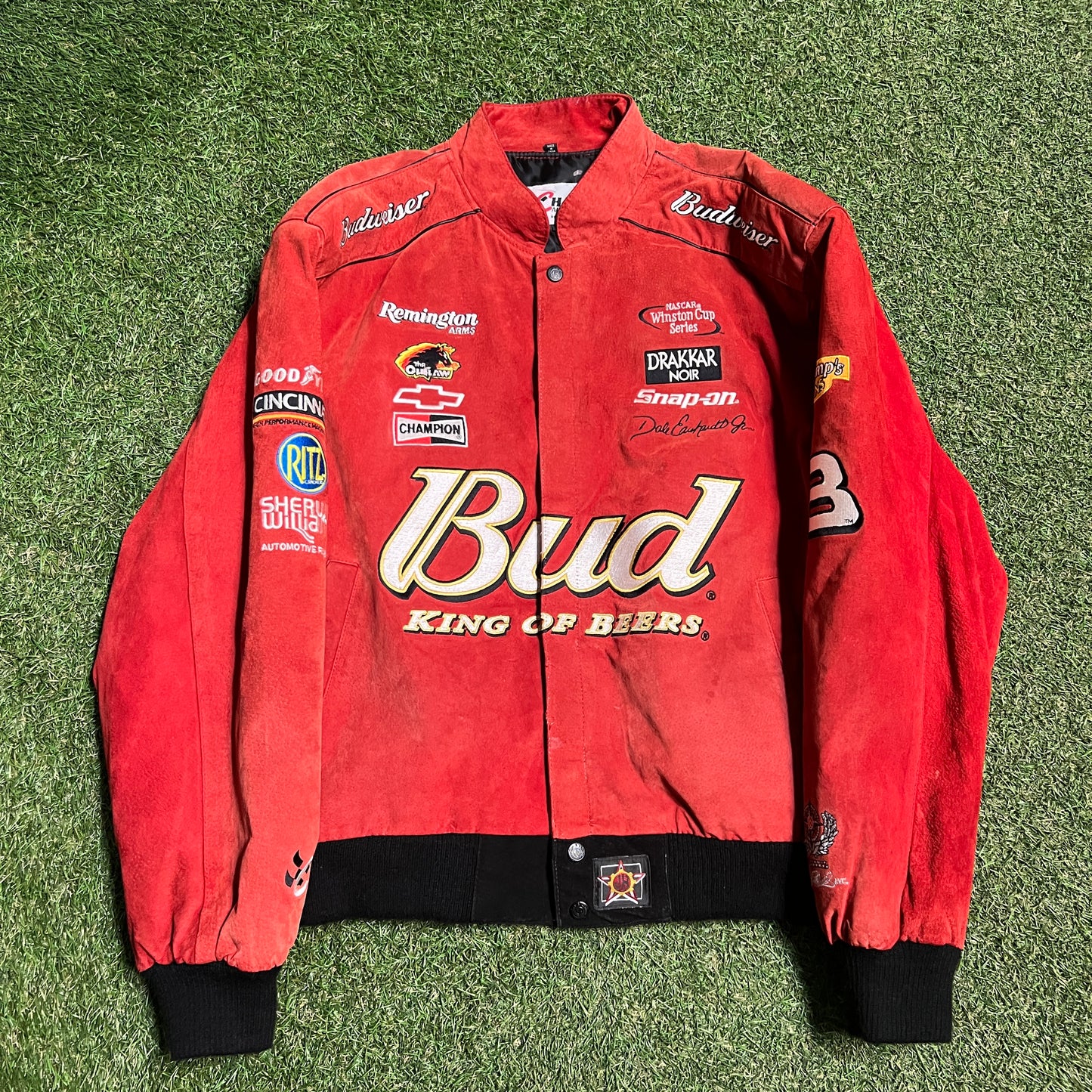 Y2K Nascar Bud Dale Jr. Suede AOP Jacket Size Large USED v15674