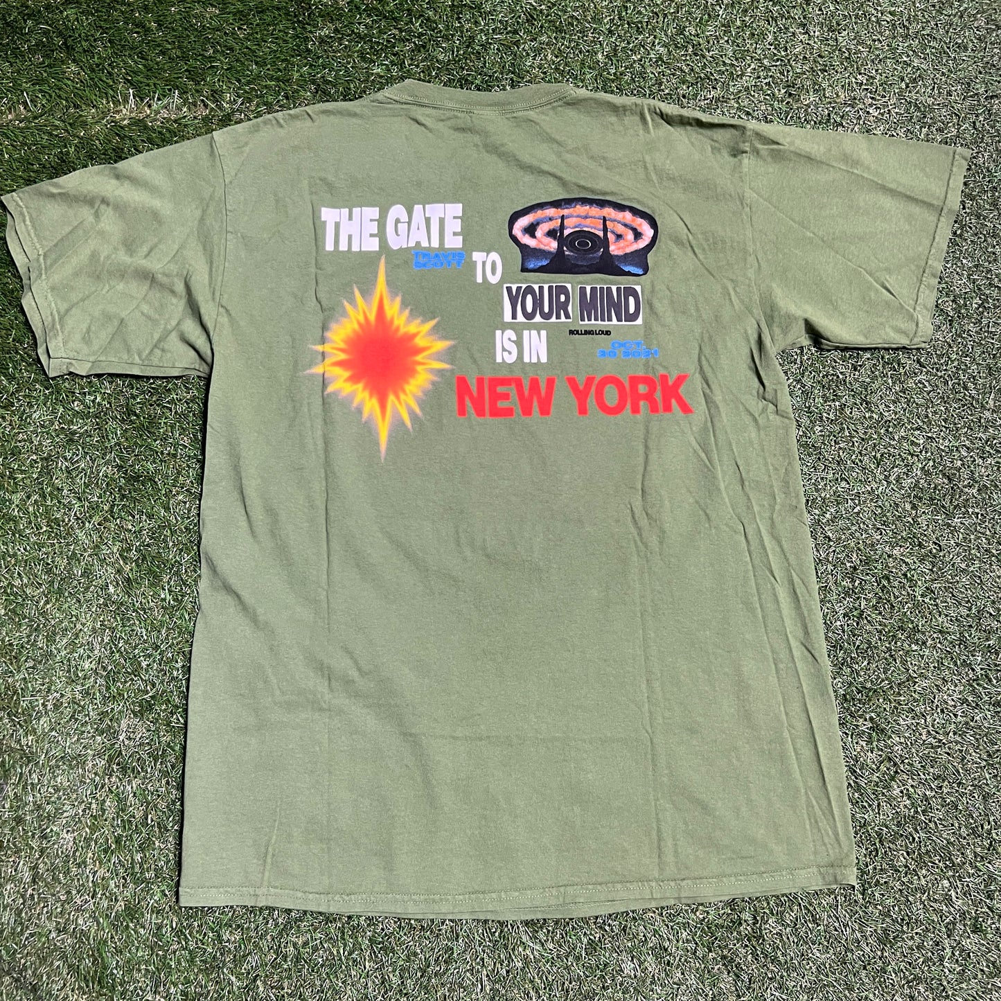 Travis Scott Rolling Loud NYC Exclusive portal to our world tee olive Size Large USED x11400