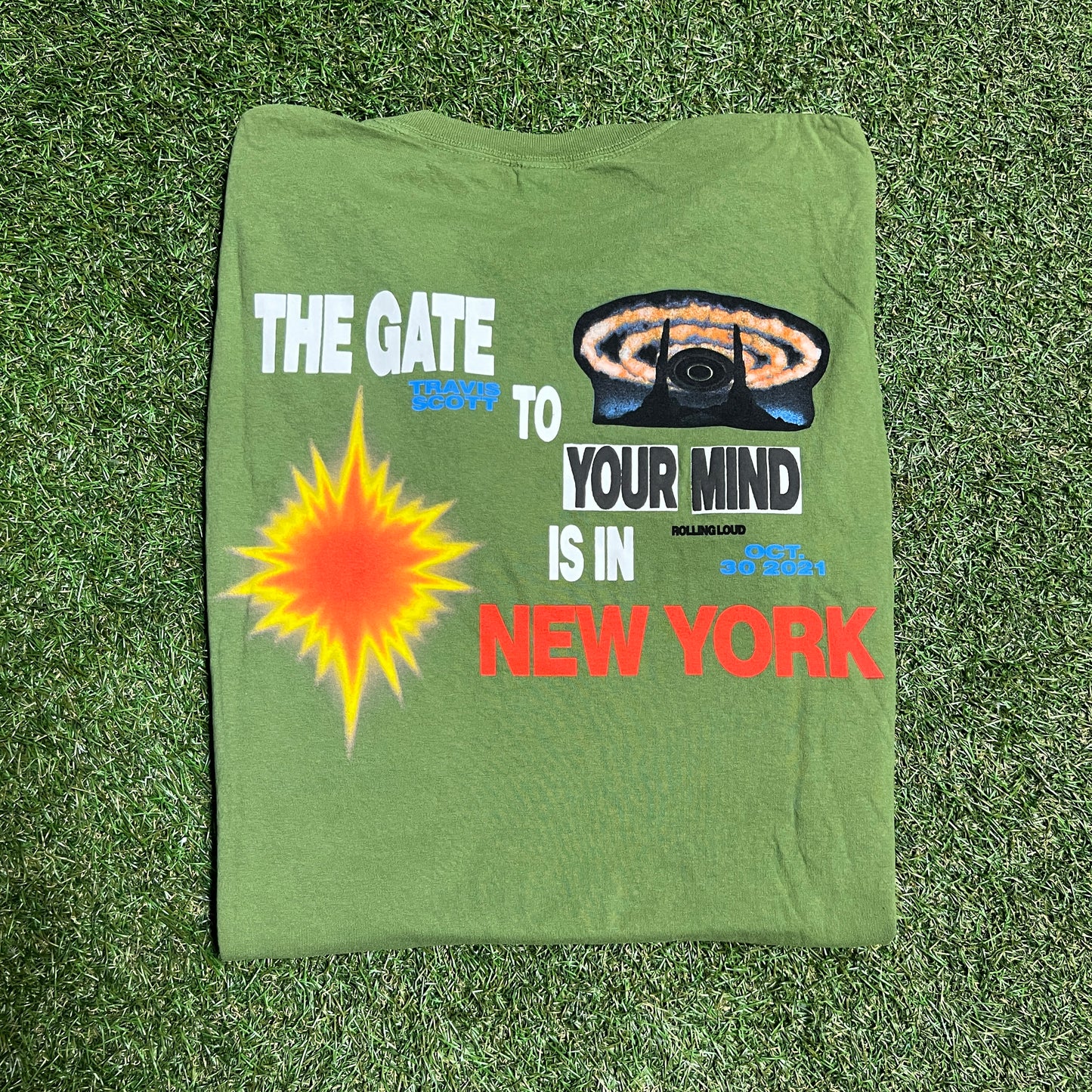 Travis Scott Rolling Loud NYC Exclusive portal to our world tee olive Size Large USED x11400