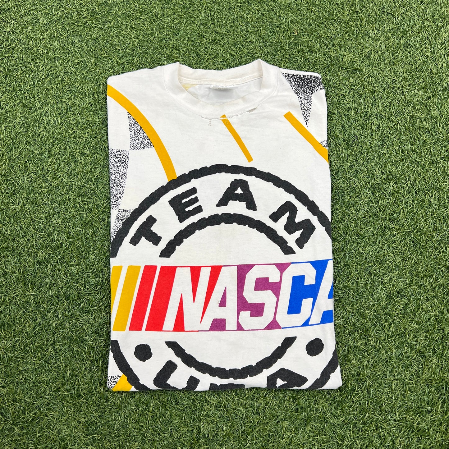 1990s Team USA Nascar AOP White Tee Size Large USED v14651