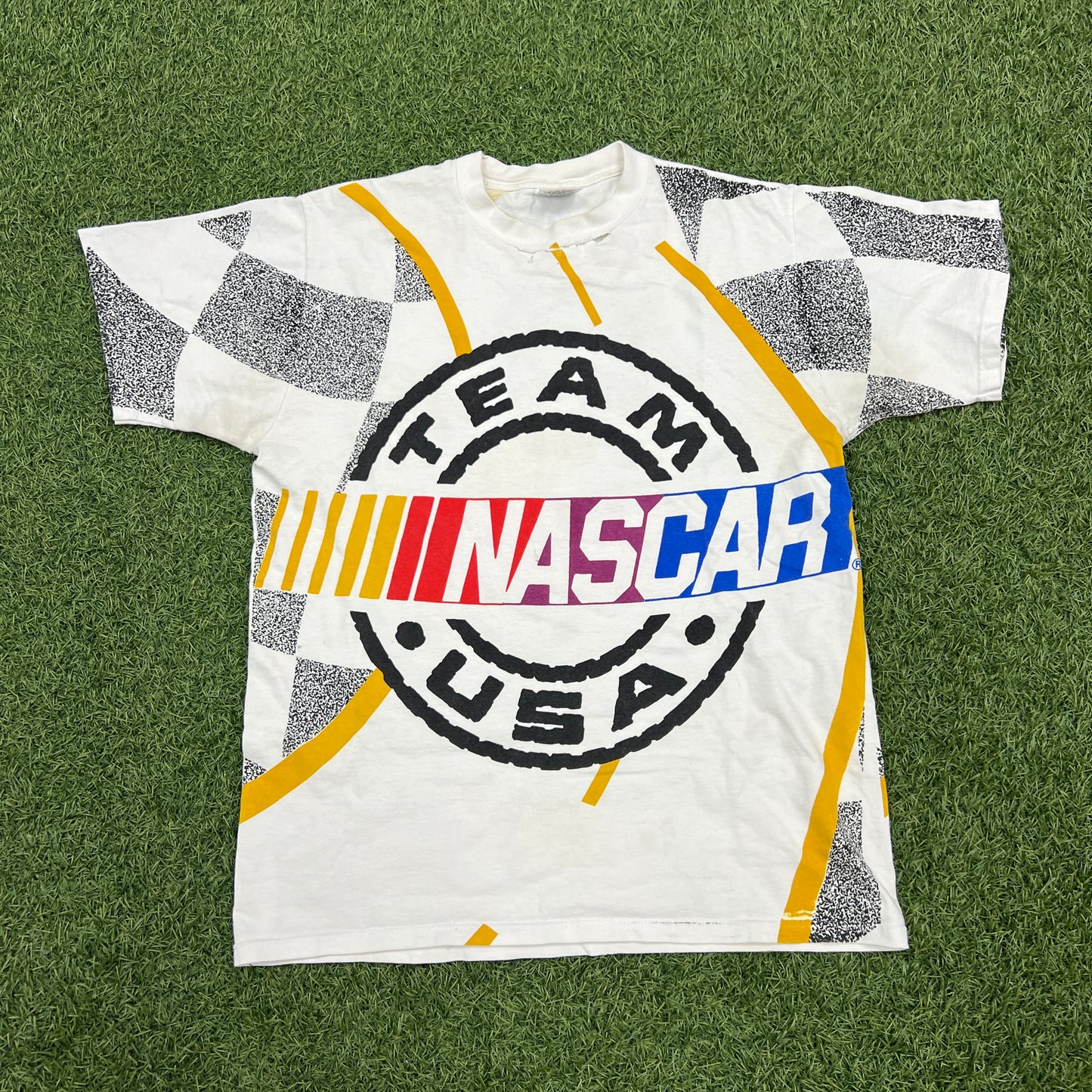 1990s Team USA Nascar AOP White Tee Size Large USED v14651