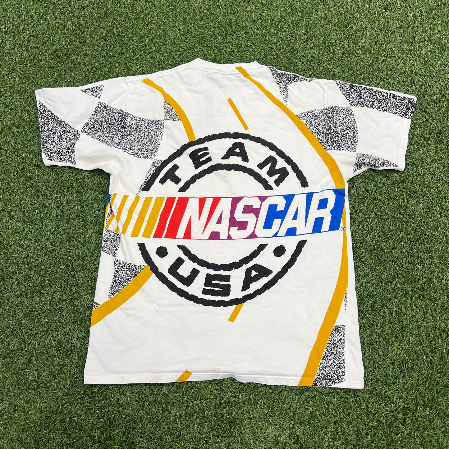 1990s Team USA Nascar AOP White Tee Size Large USED v14651