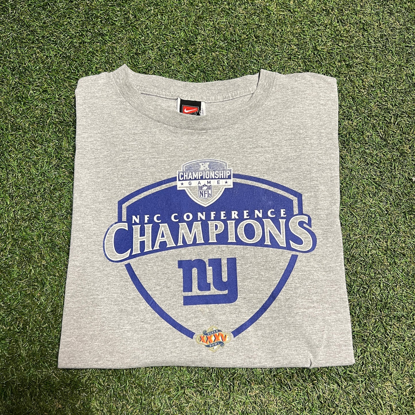 Nike Super Bowl XXXV NFC Conference Champions Giants Grey Tee Size Large USED v14709