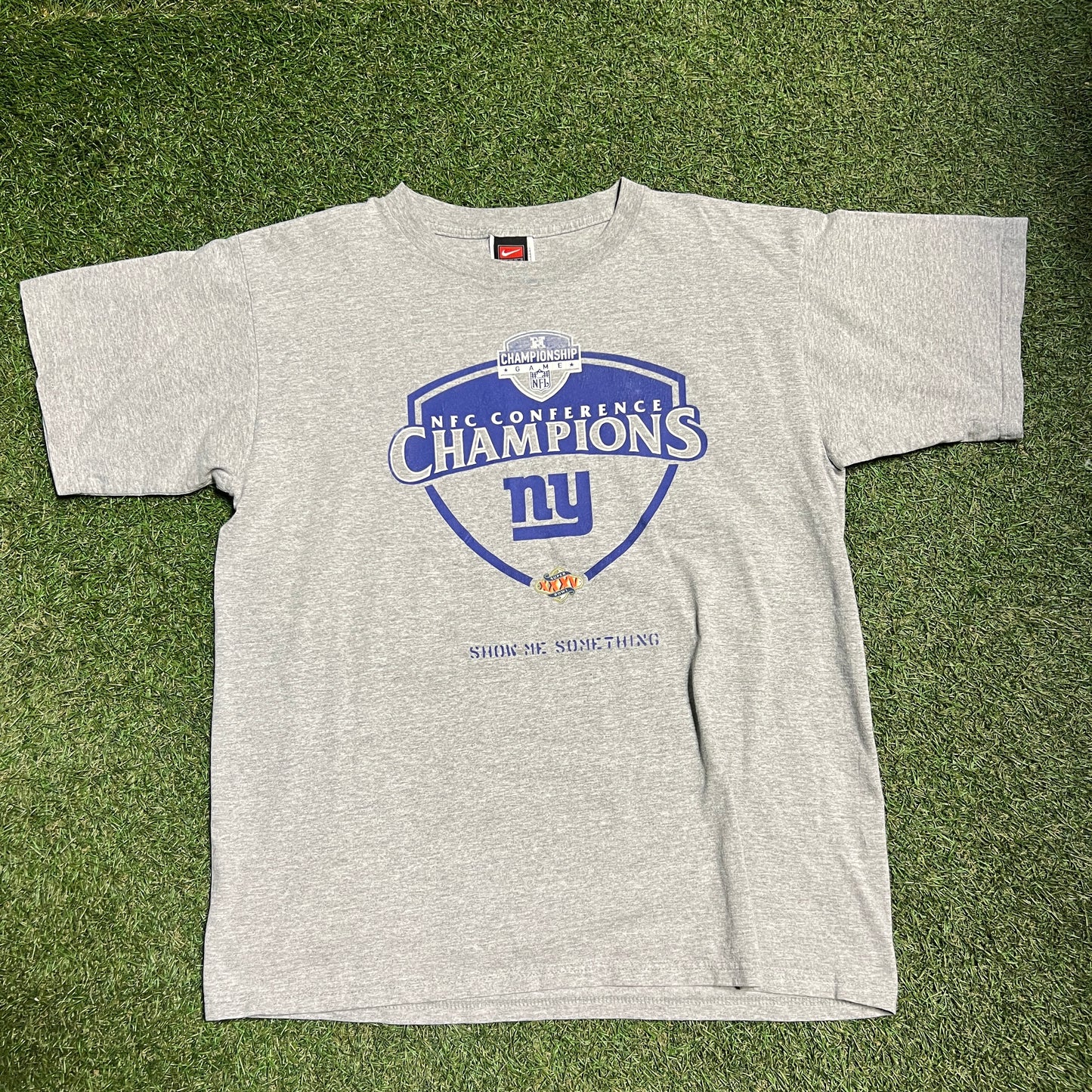 Nike Super Bowl XXXV NFC Conference Champions Giants Grey Tee Size Large USED v14709