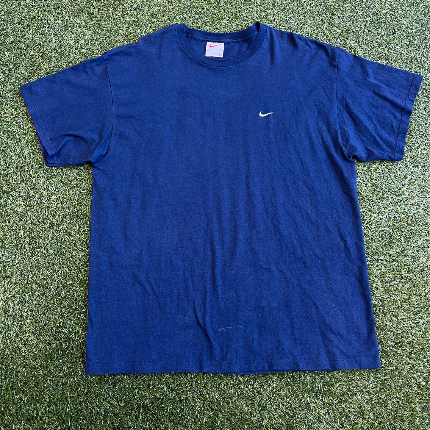 1990s Nike White Tag Navy Tee/White Swoosh Size XL USED v15742